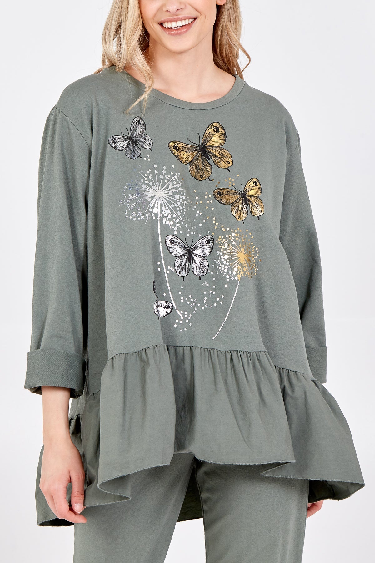 Butterfly Frill Hem Sweatshirt TOPMF2 WearAll Khaki One Size