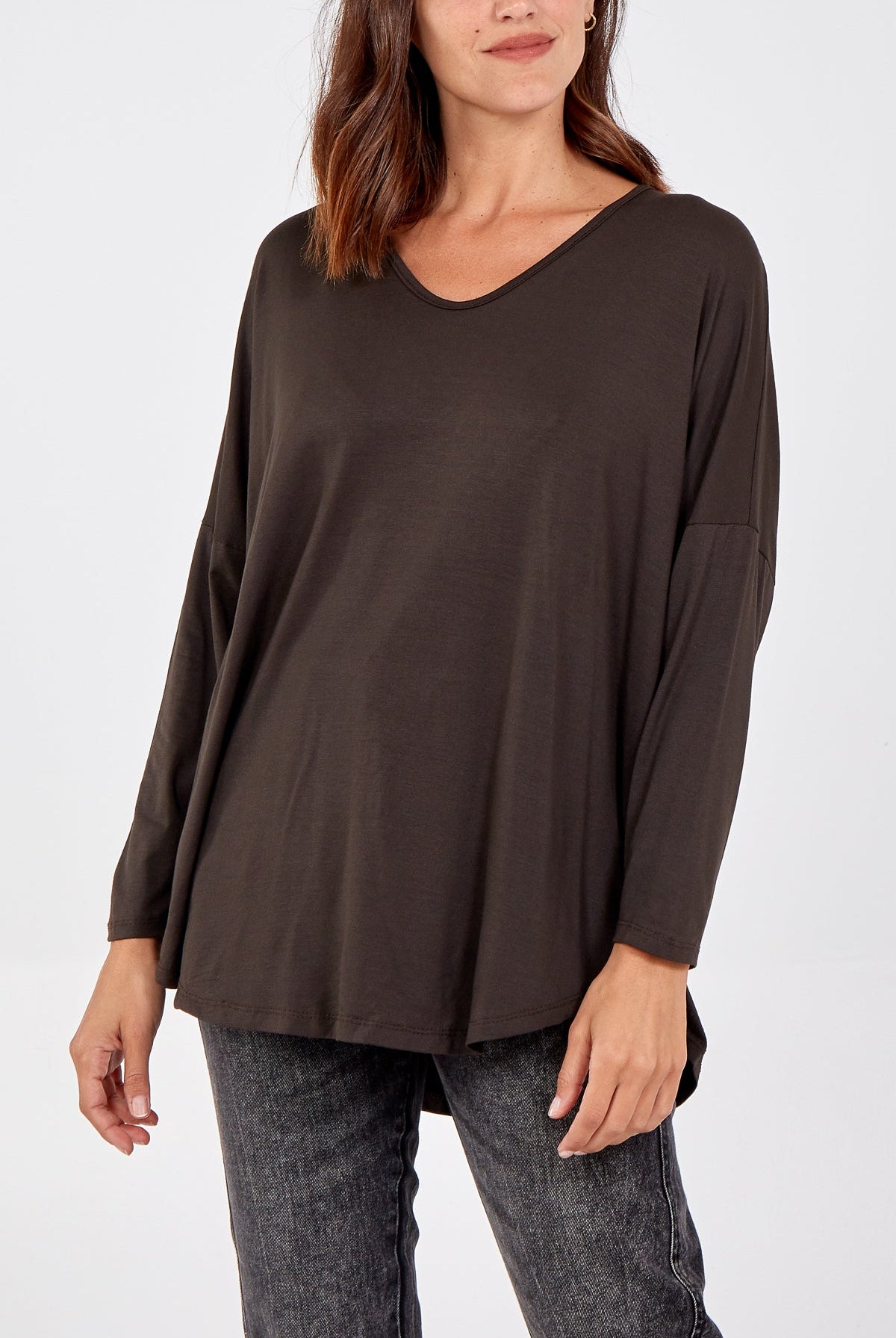 High Low Curved Hem Long Sleeve Top TOPMF2 WearAll Chocolate One Size