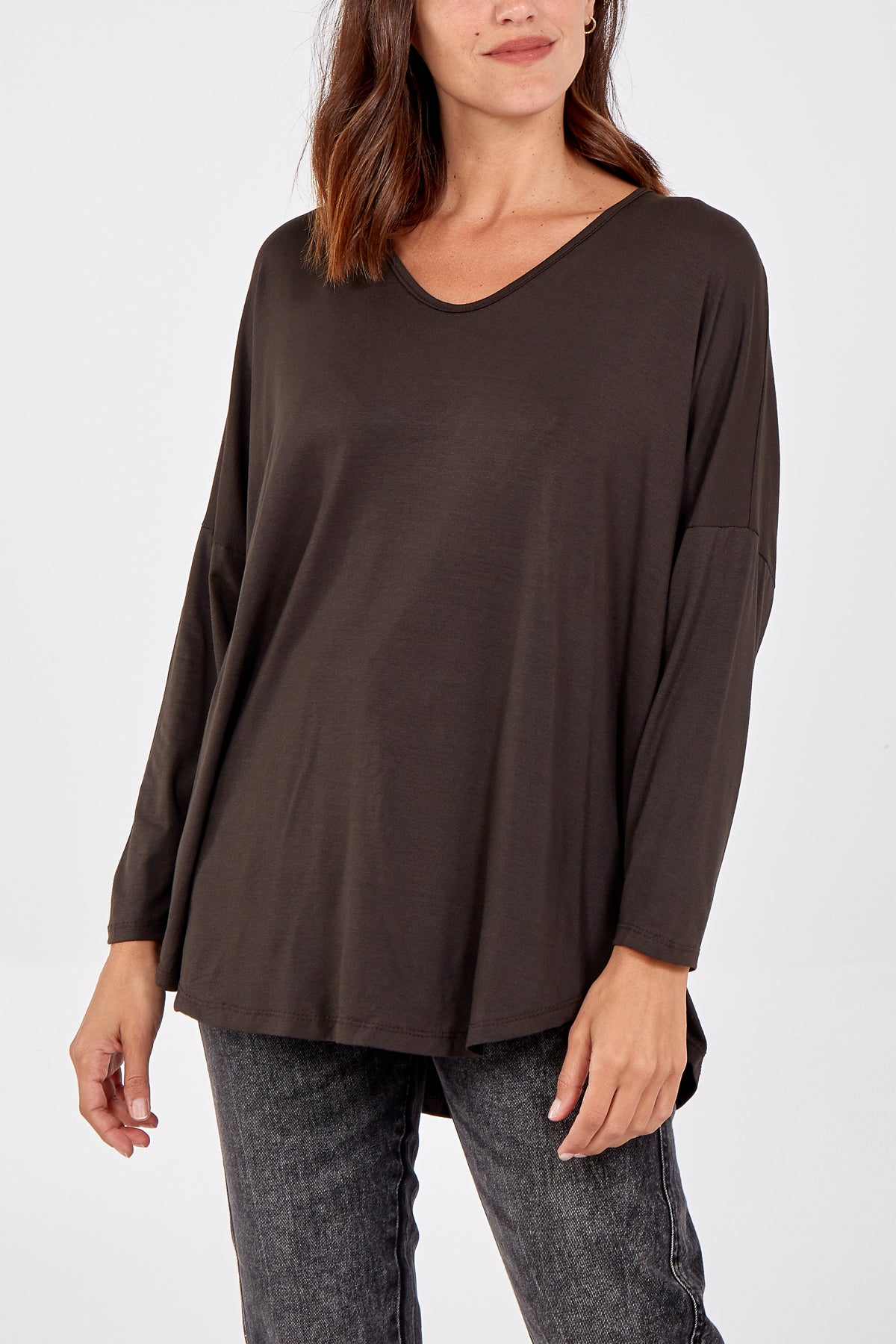 High Low Curved Hem Long Sleeve Top TOPMF2 WearAll Chocolate One Size