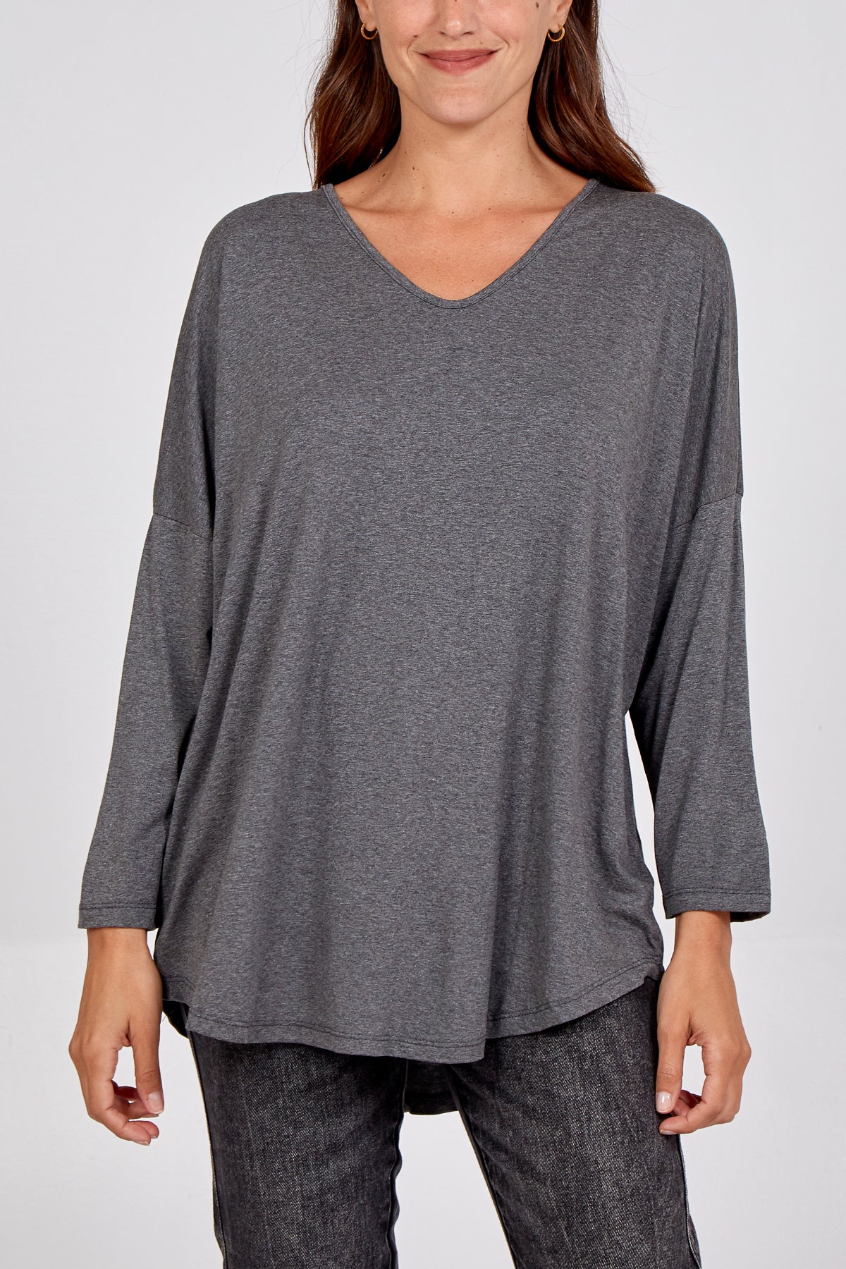 High Low Curved Hem Long Sleeve Top TOPMF2 WearAll Dark Grey One Size