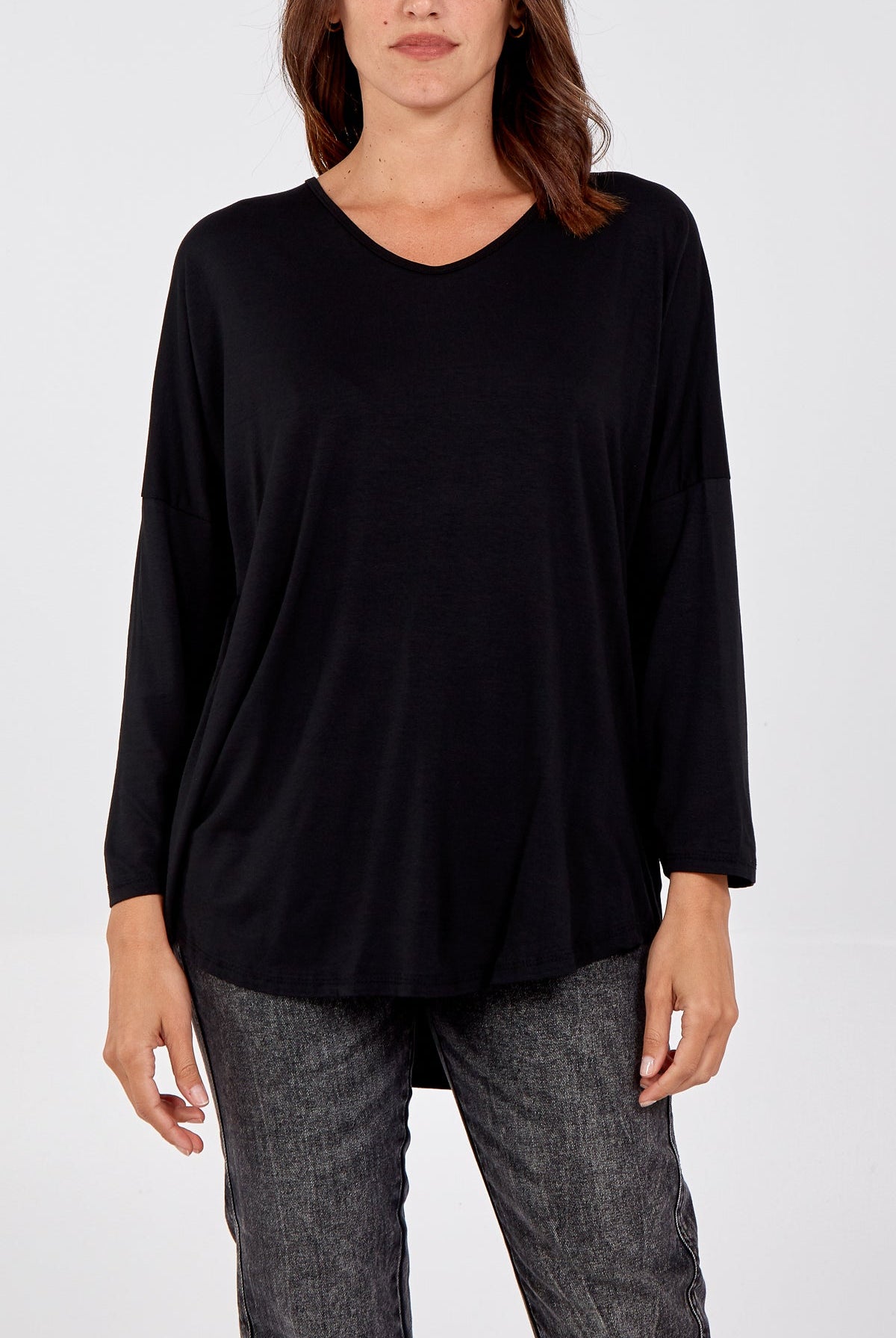 High Low Curved Hem Long Sleeve Top TOPMF2 WearAll Black One Size