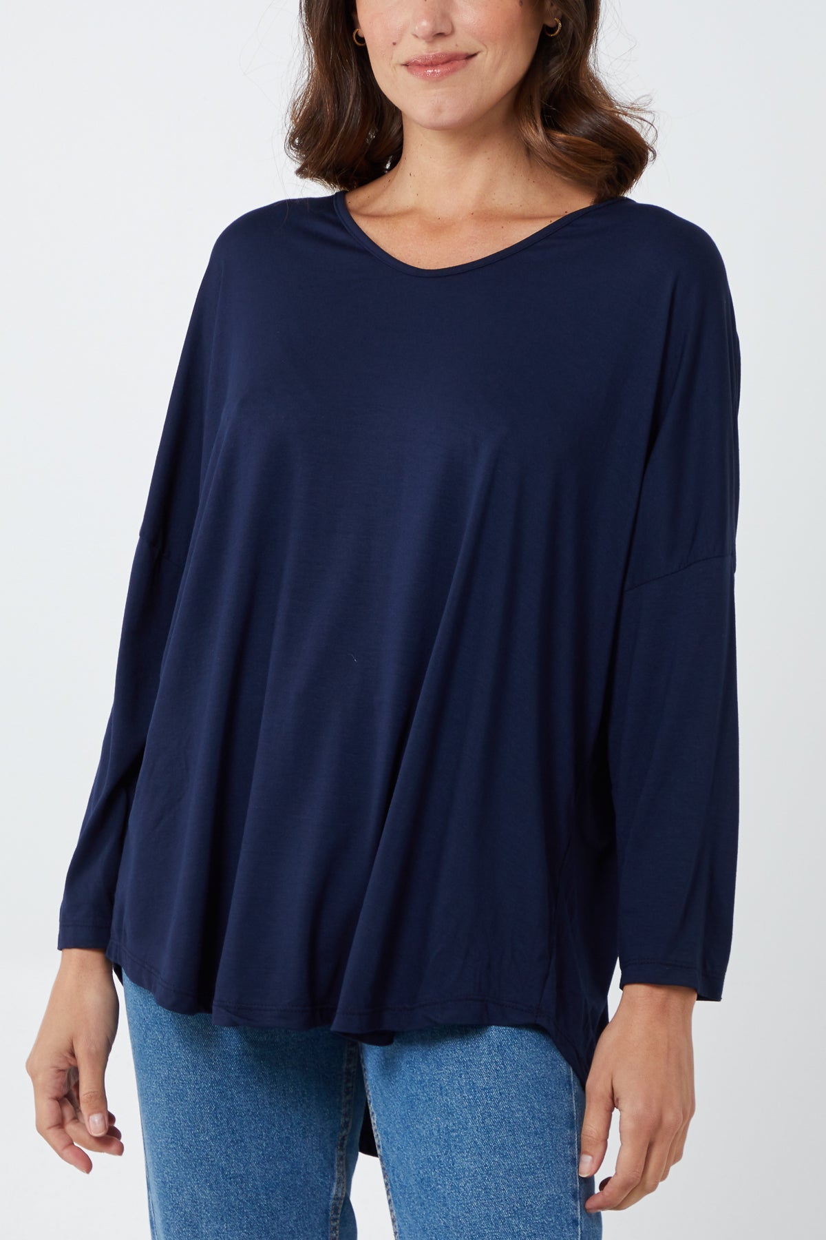High Low Curved Hem Long Sleeve Top TOPMF2 WearAll Navy One Size