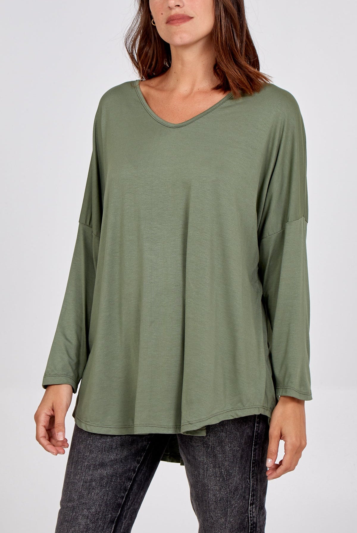 High Low Curved Hem Long Sleeve Top TOPMF2 WearAll Khaki One Size