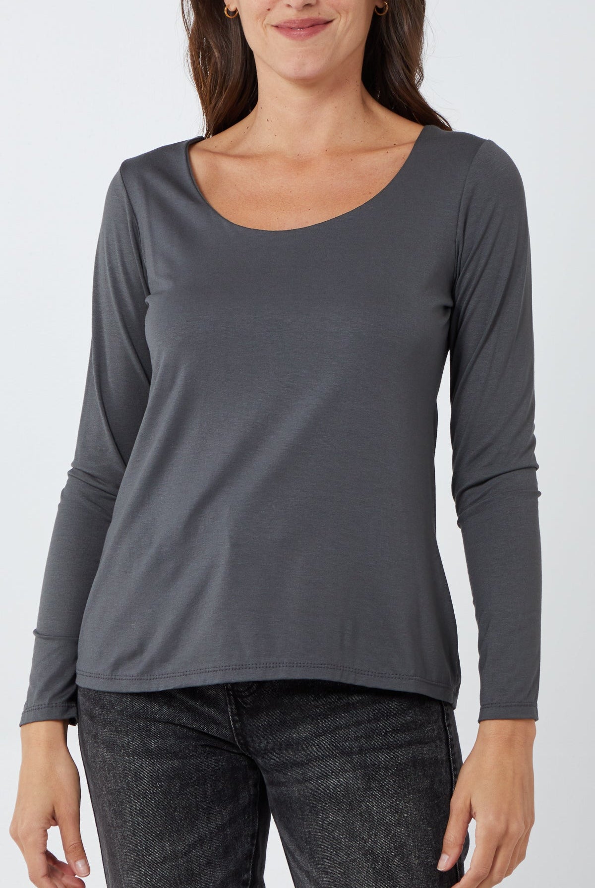 Basic Double Layer Scoop Neck Long Sleeve Top TOPMF2 WearAll Charcoal One Size