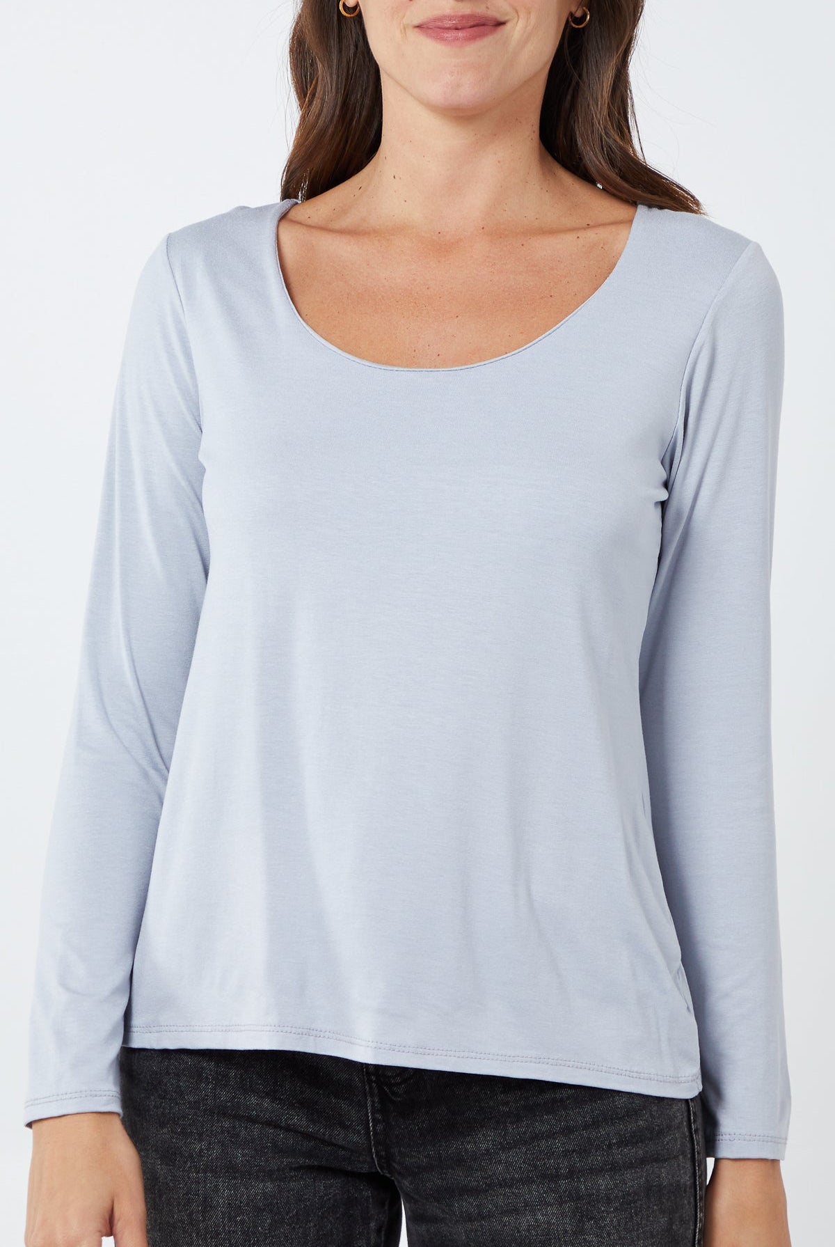 Basic Double Layer Scoop Neck Long Sleeve Top TOPMF2 WearAll Silver One Size