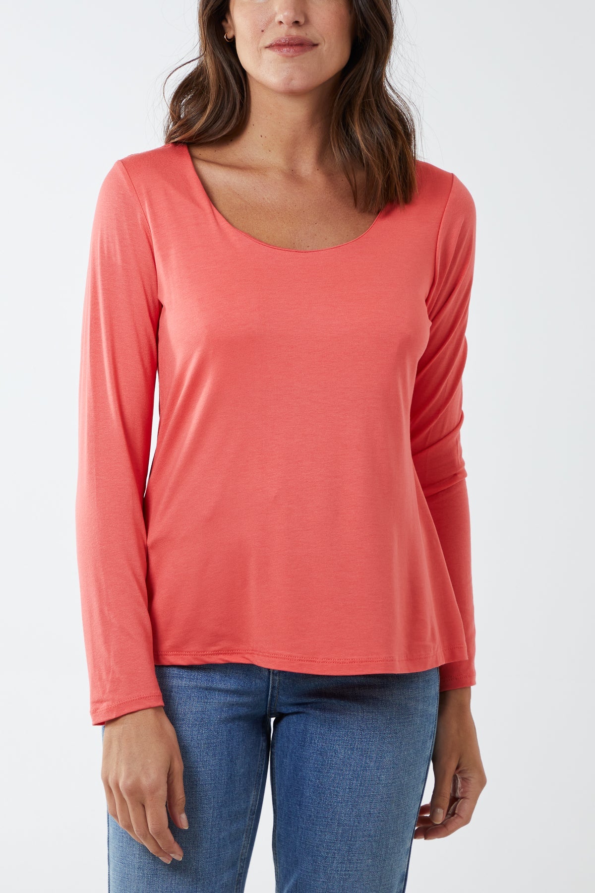 Basic Double Layer Scoop Neck Long Sleeve Top TOPMF2 WearAll Coral One Size