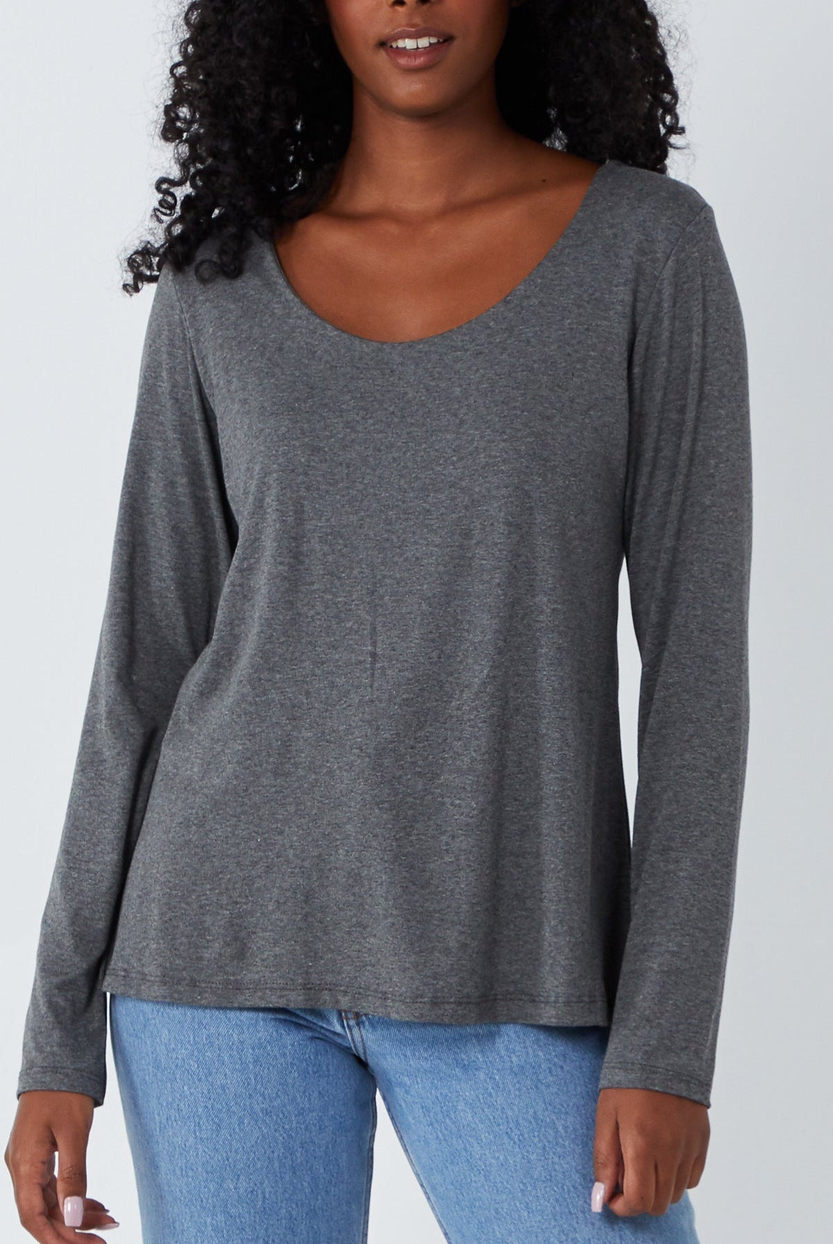 Basic Double Layer Scoop Neck Long Sleeve Top TOPMF2 WearAll Dark Grey One Size