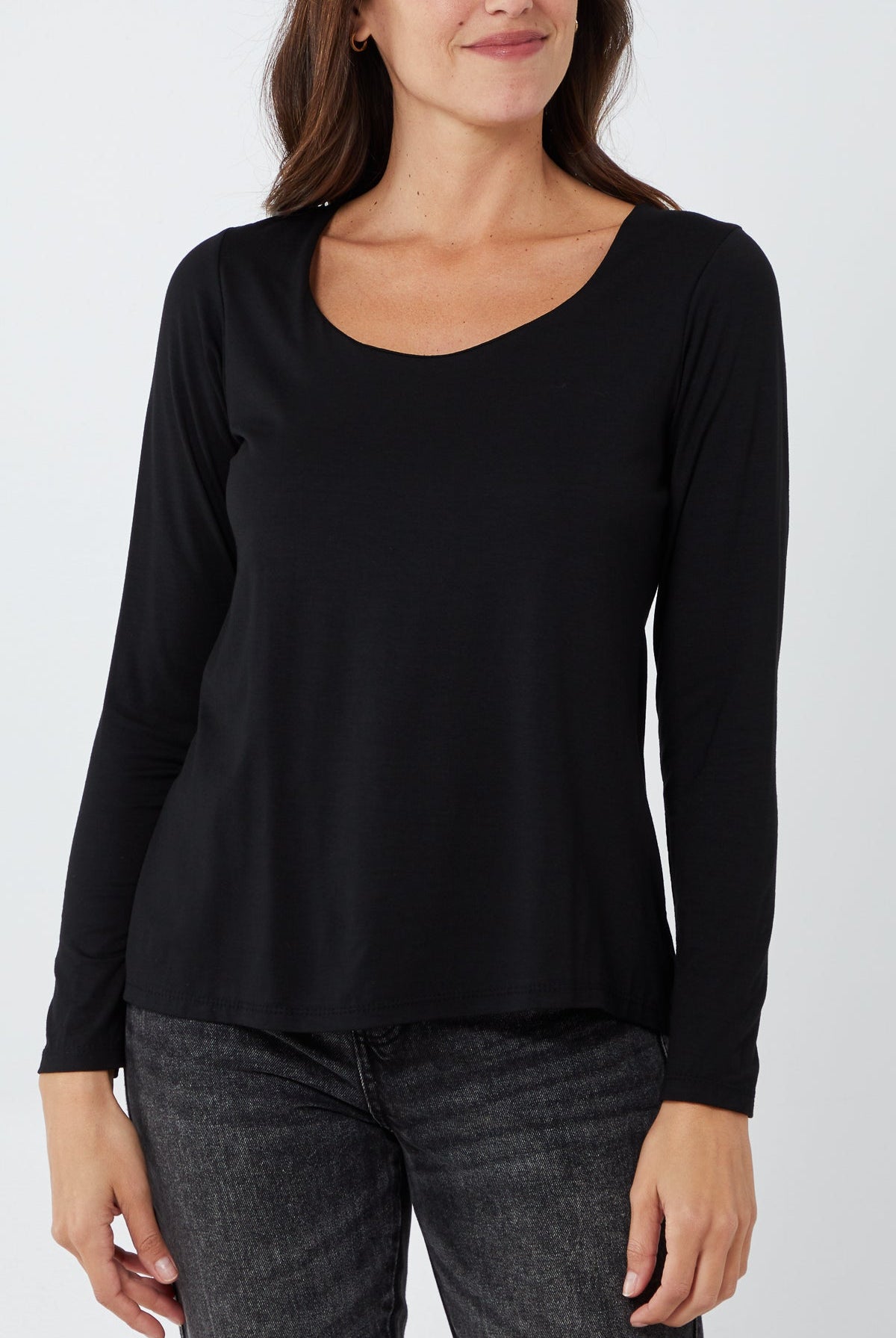 Basic Double Layer Scoop Neck Long Sleeve Top TOPMF2 WearAll Black One Size