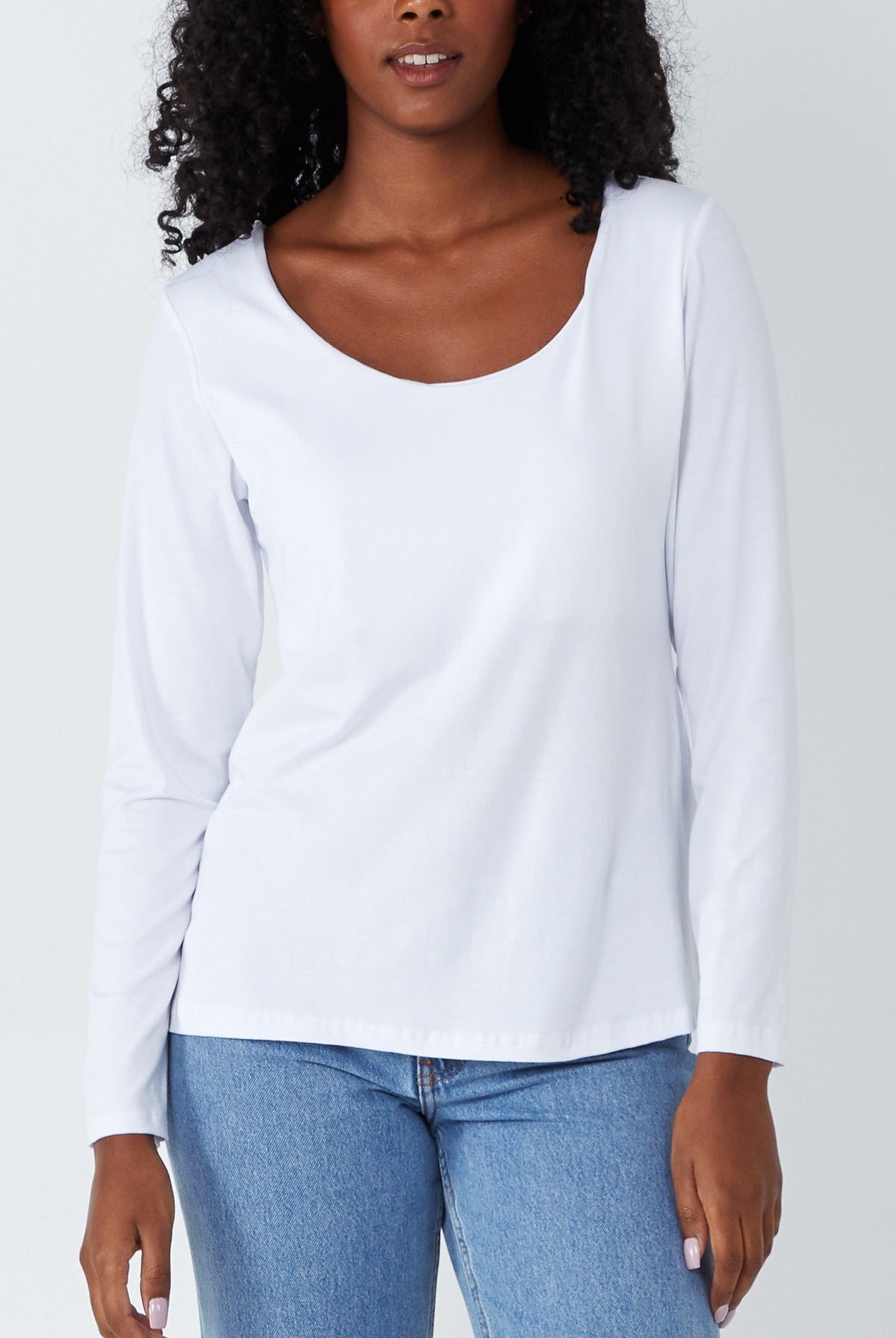 Basic Double Layer Scoop Neck Long Sleeve Top TOPMF2 WearAll White One Size