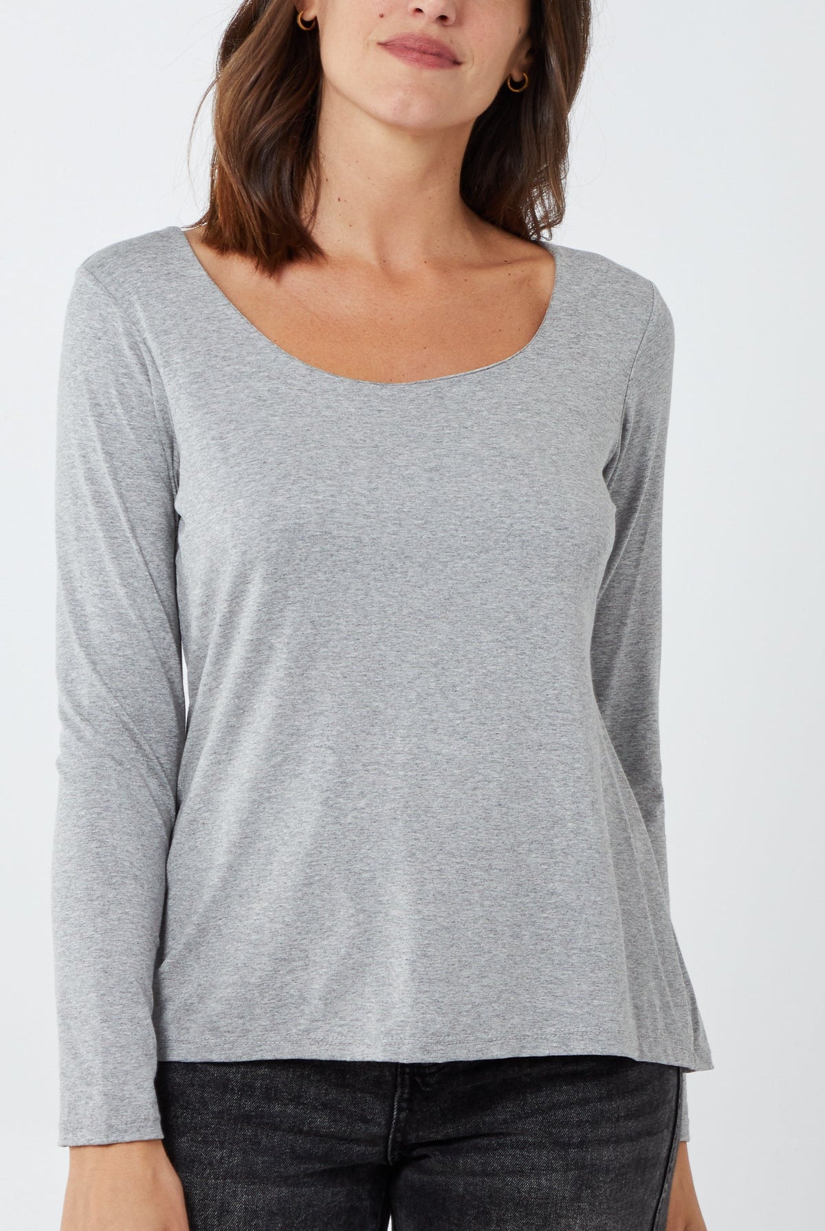 Basic Double Layer Scoop Neck Long Sleeve Top TOPMF2 WearAll Light Grey One Size