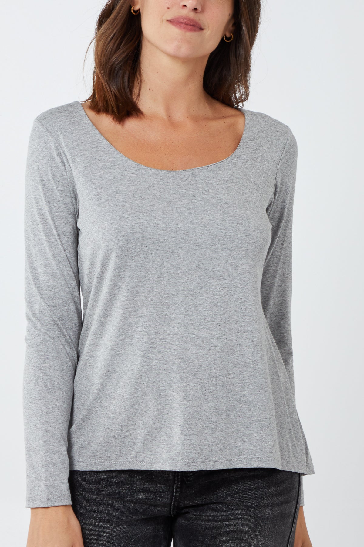 Basic Double Layer Scoop Neck Long Sleeve Top TOPMF2 WearAll Light Grey One Size