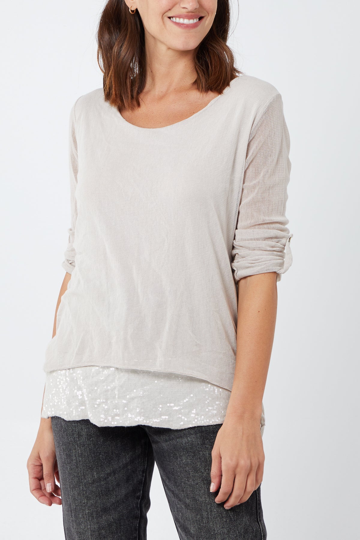 Double Layer Scoop Neck Sparkle Top TOPMF2 WearAll Stone One Size