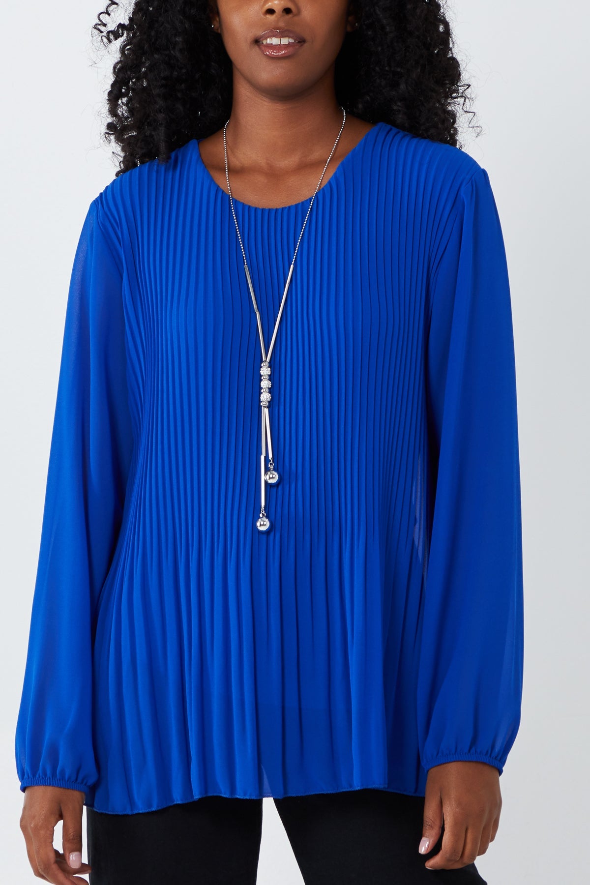 Pleated Long Sleeve Necklace Top TOPMF2 WearAll Blue One Size