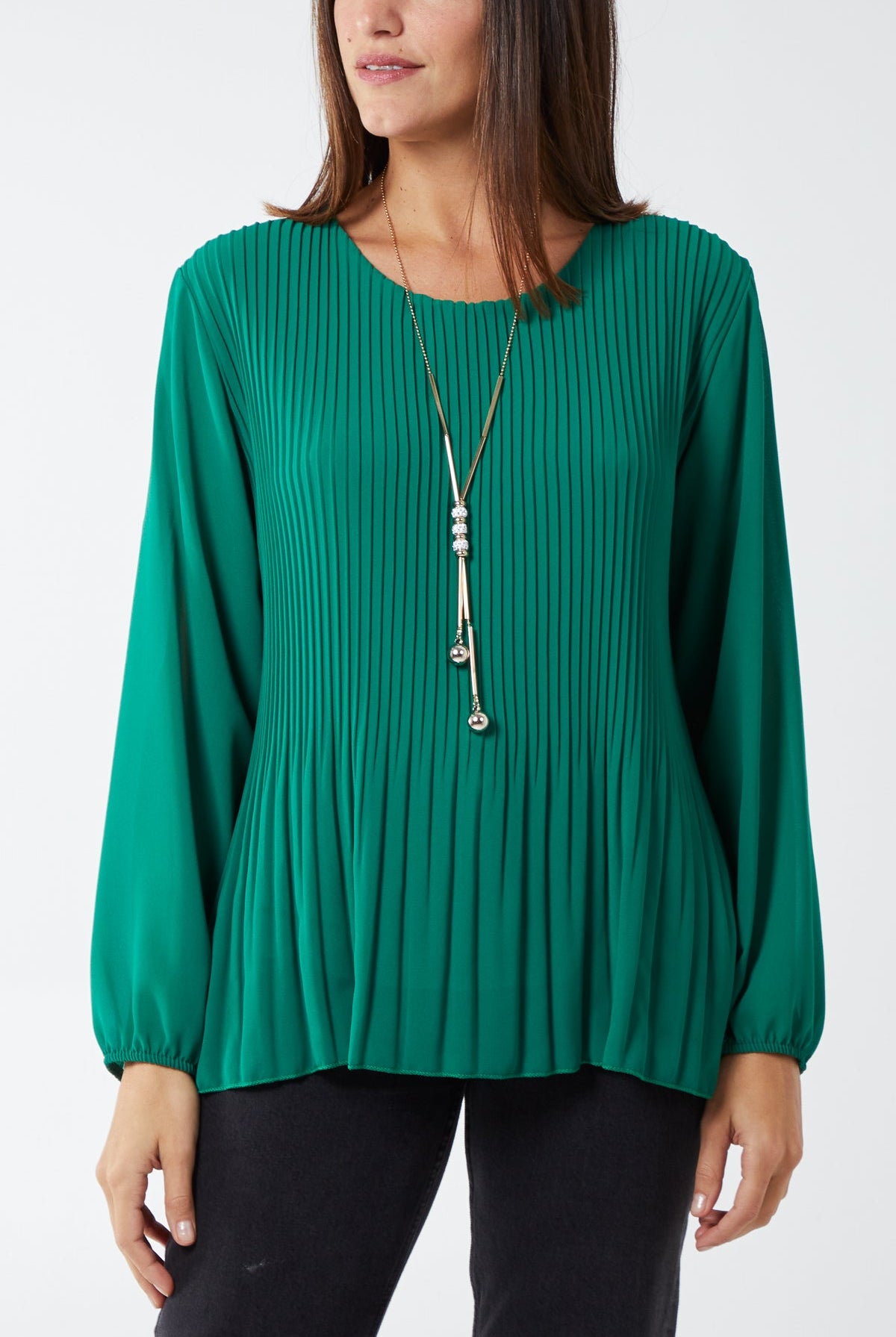 Pleated Long Sleeve Necklace Top TOPMF2 WearAll Jade One Size