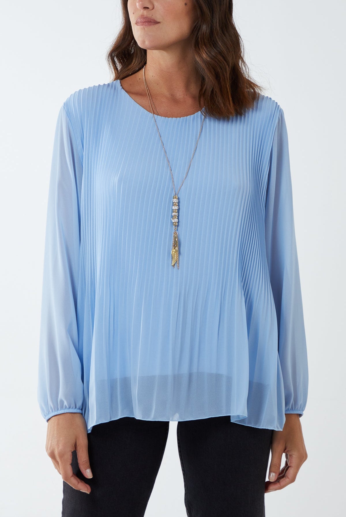 Pleated Long Sleeve Necklace Top TOPMF2 WearAll Light Blue One Size