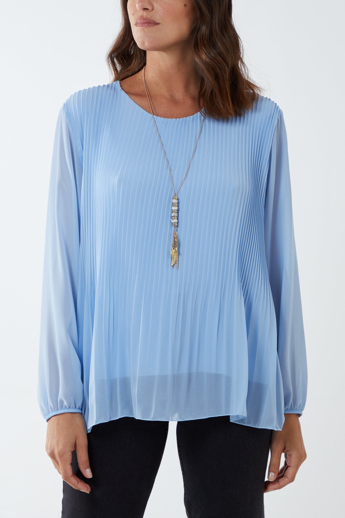 Pleated Long Sleeve Necklace Top TOPMF2 WearAll Light Blue One Size