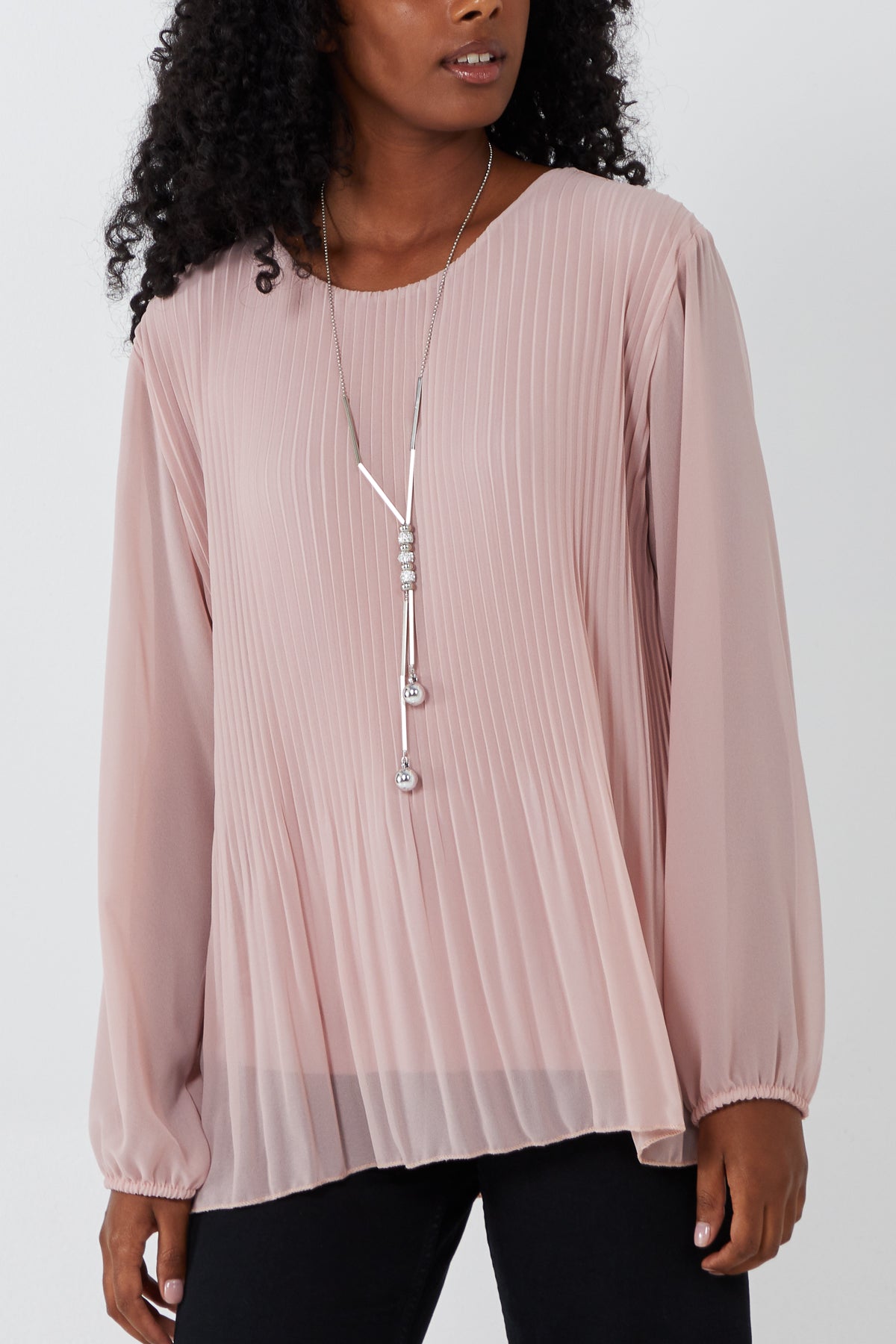 Pleated Long Sleeve Necklace Top TOPMF2 WearAll Blush One Size