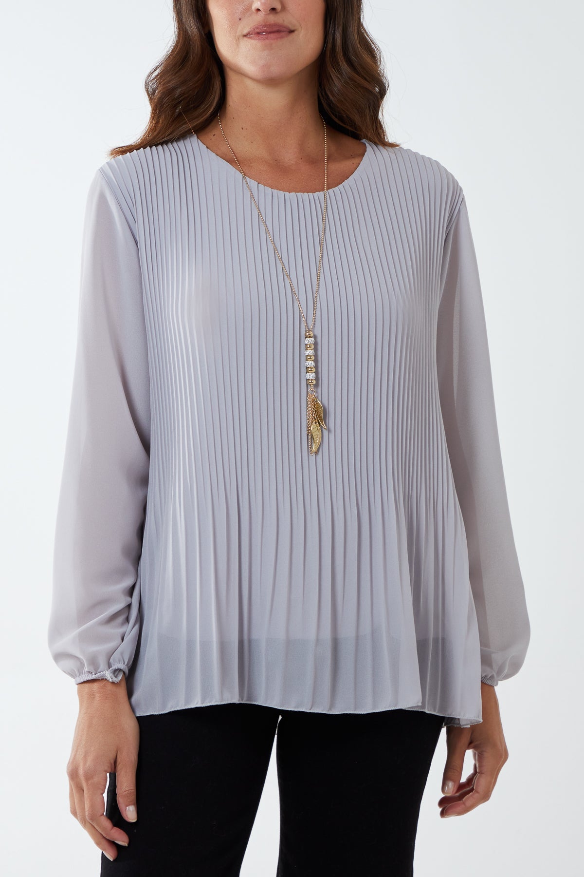 Pleated Long Sleeve Necklace Top TOPMF2 WearAll Grey One Size