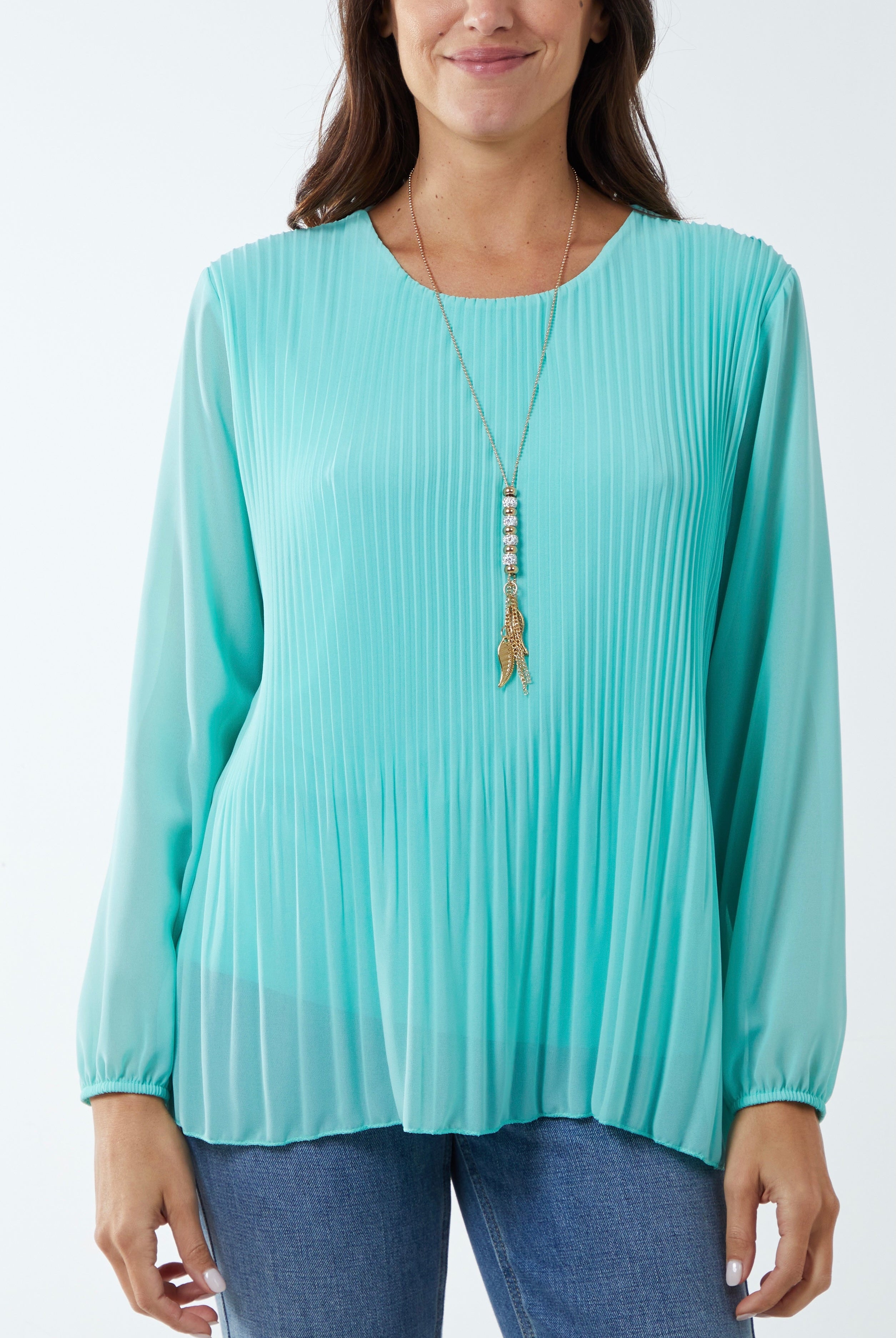 Pleated Long Sleeve Necklace Top TOPMF2 WearAll Mint One Size