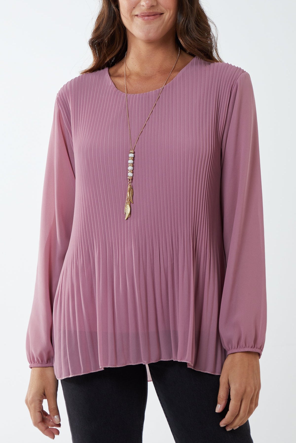 Pleated Long Sleeve Necklace Top TOPMF2 WearAll Rose One Size