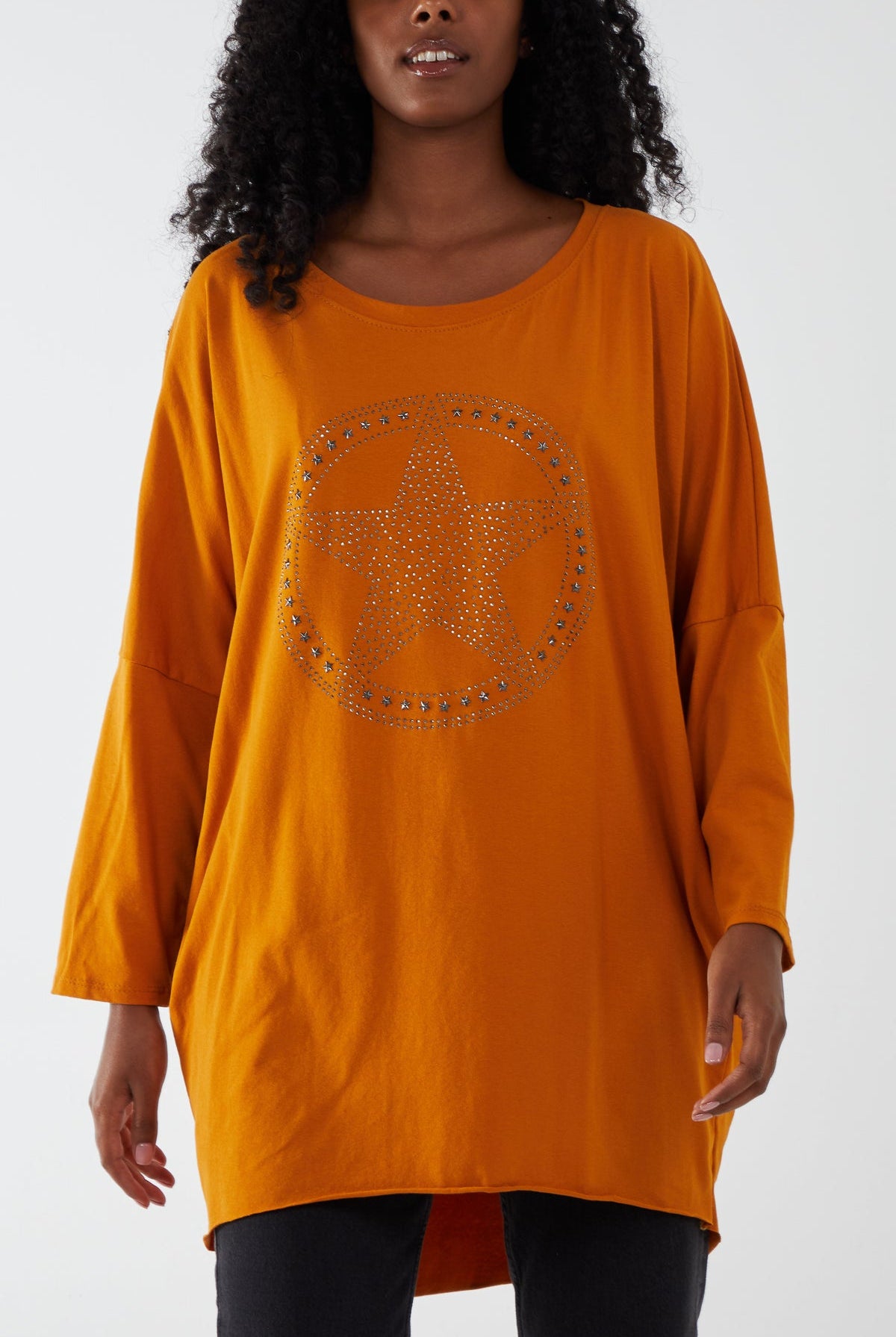 Scoop Neck Circle Star Stud Top TOPMF2 WearAll Mustard One Size