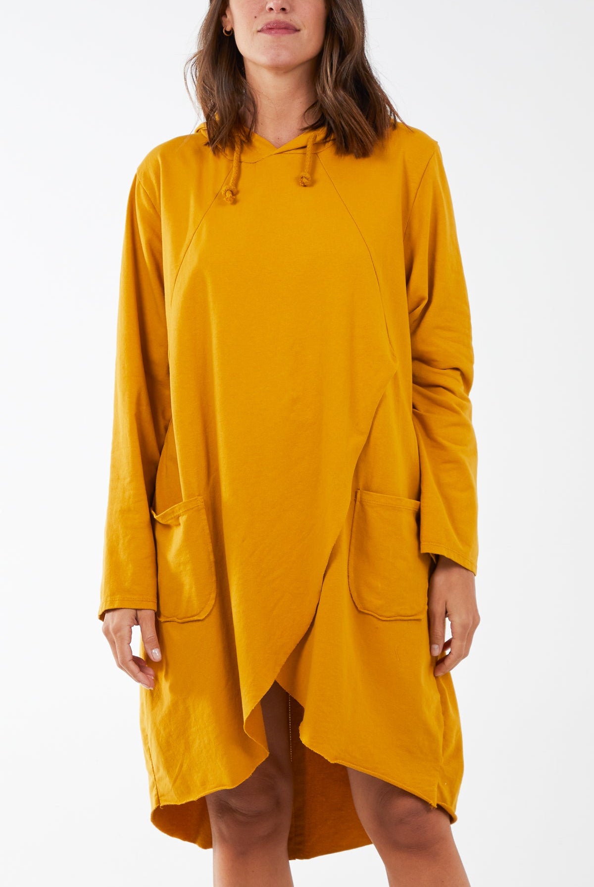 Fake Wrap Hoodie Dress With Pockets DMF2 WearAll Mustard One Size