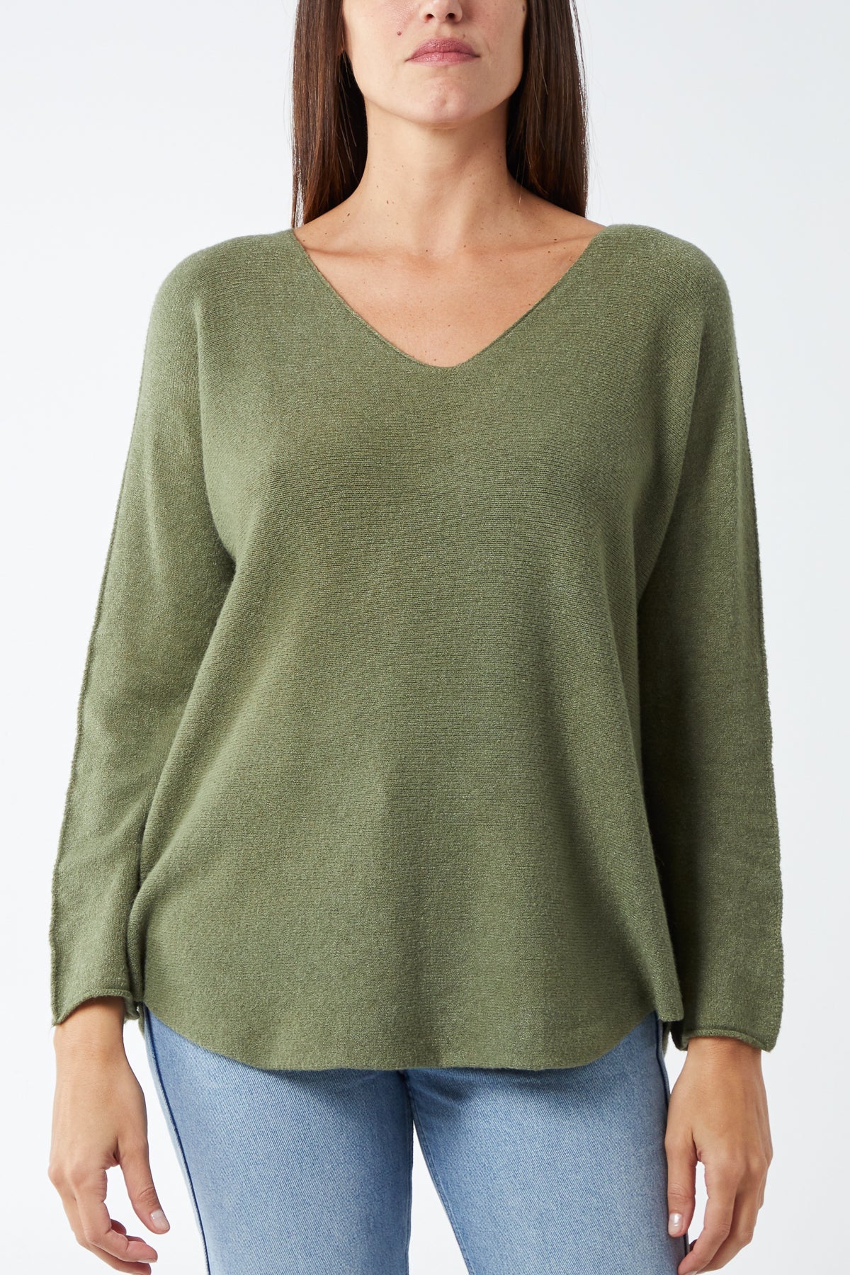 Raw Edge V-Neck Jumper TOPMF2 WearAll Khaki One Size
