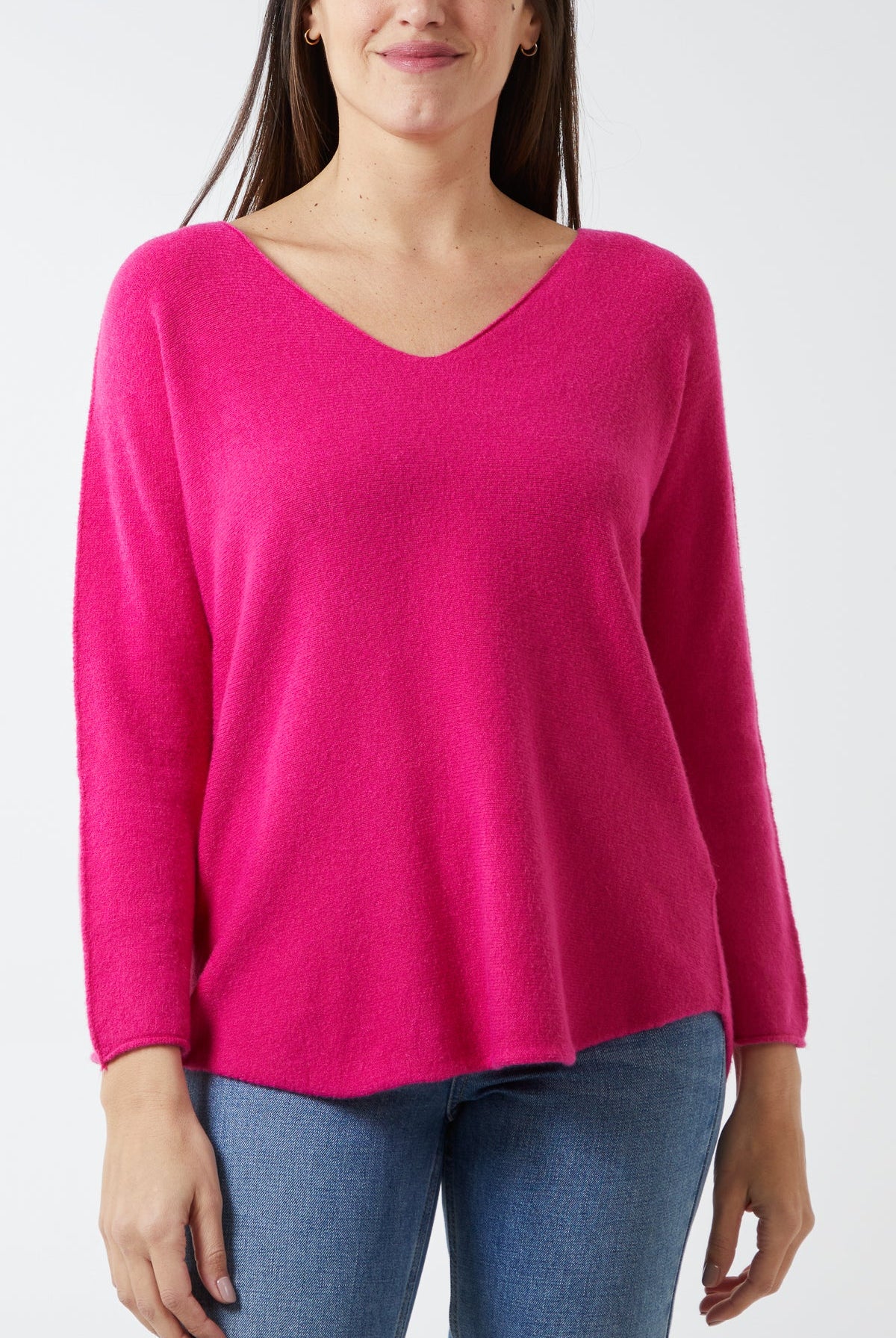 Raw Edge V-Neck Jumper TOPMF2 WearAll Fuchsia One Size