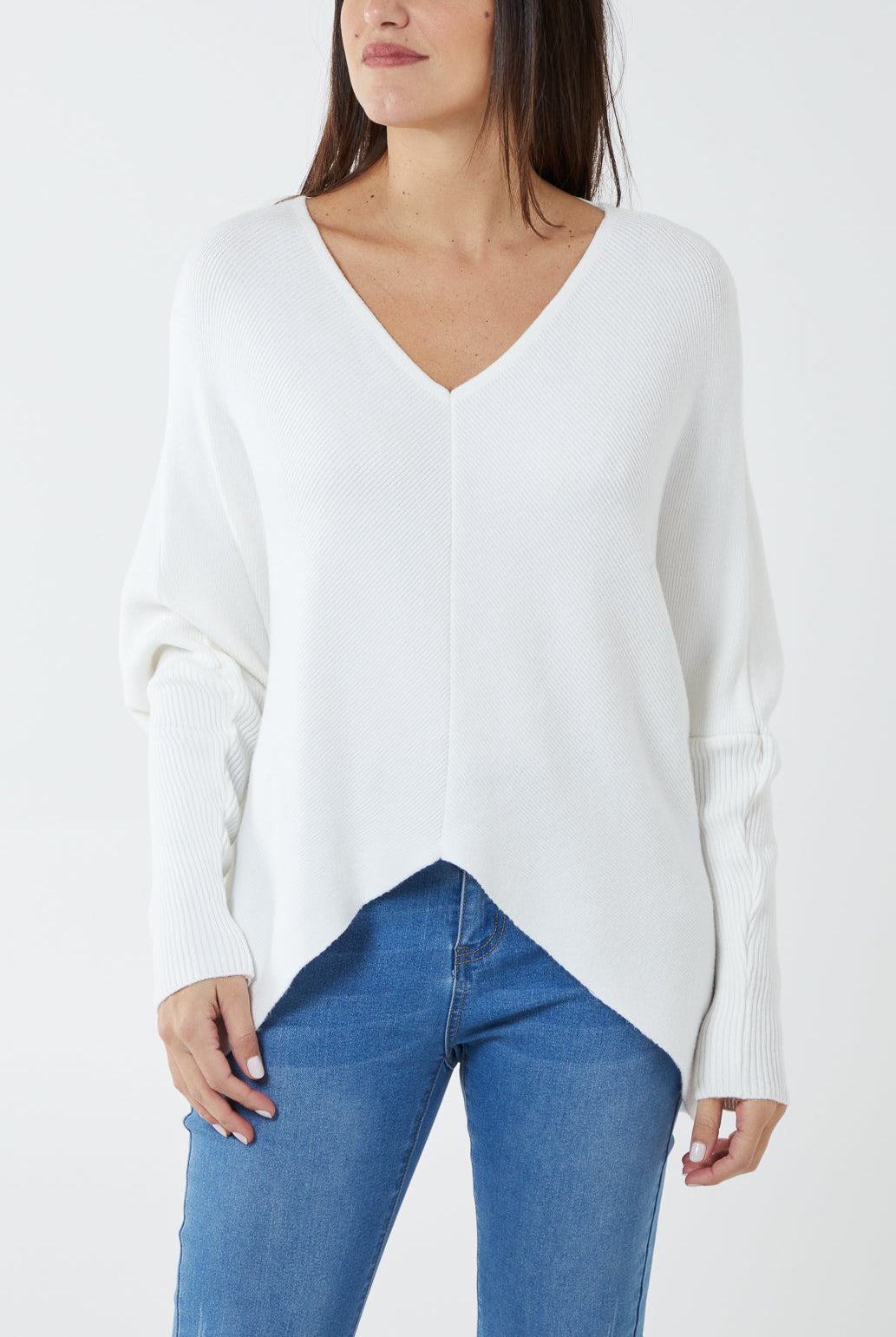 Deep V-Neck Ribbed Chevron Jumper JMF1 WearAll Ivory One Size