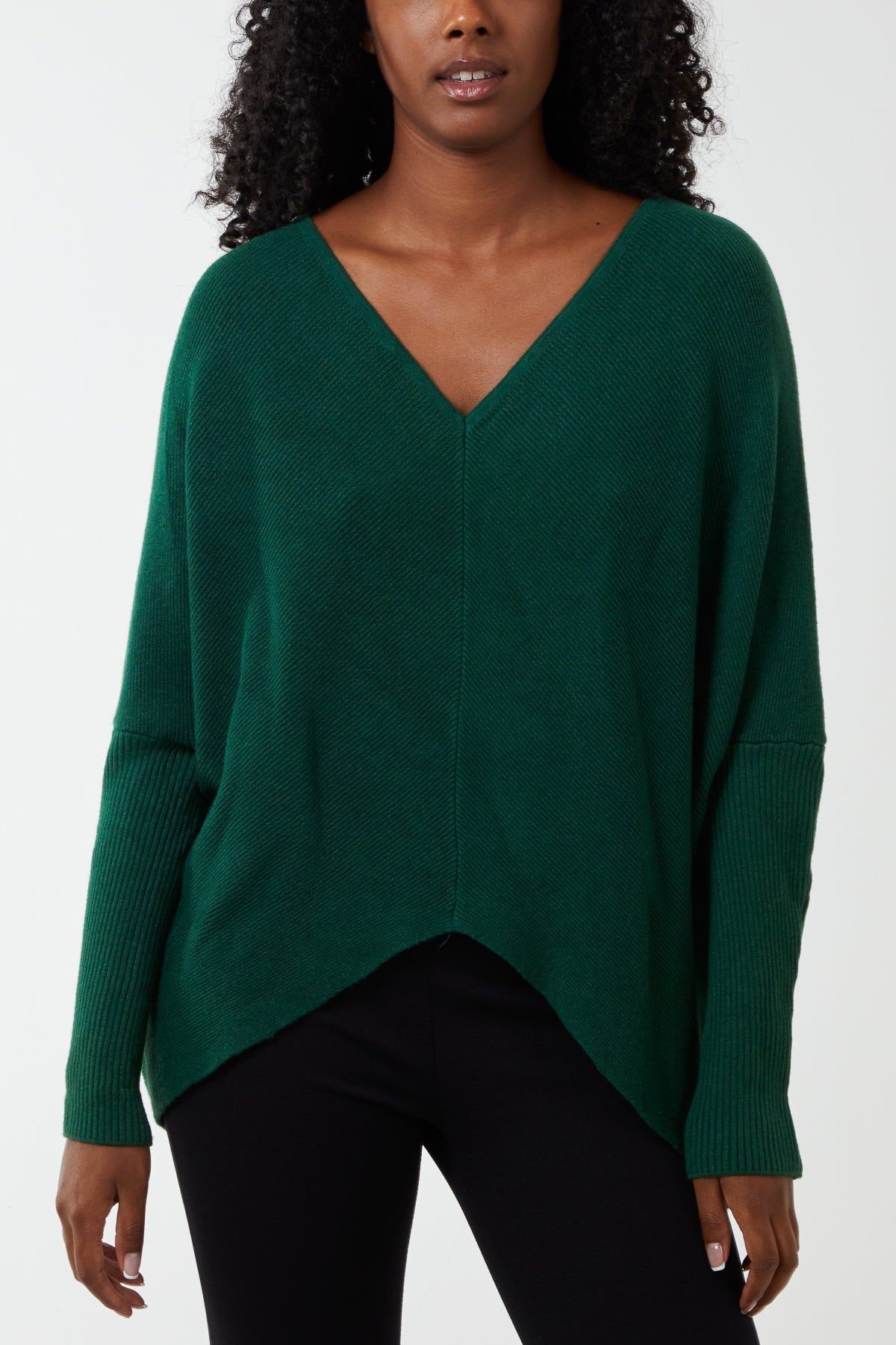 Deep V-Neck Ribbed Chevron Jumper JMF1 WearAll Bottle Green One Size