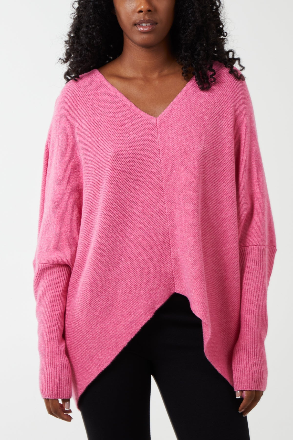 Deep V-Neck Ribbed Chevron Jumper JMF1 WearAll Hot Pink One Size