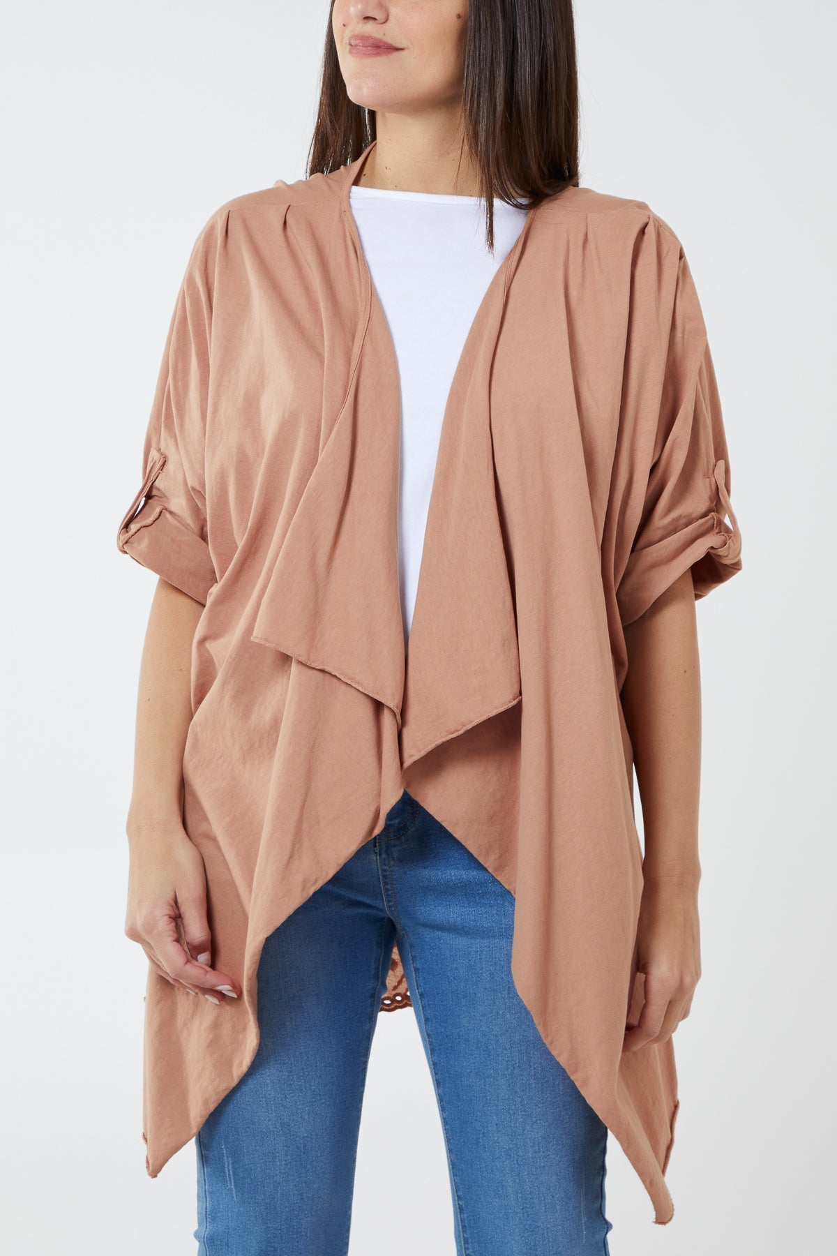 Broderie Anglaise Back Waterfall Kimono JK1 WearAll Camel One Size