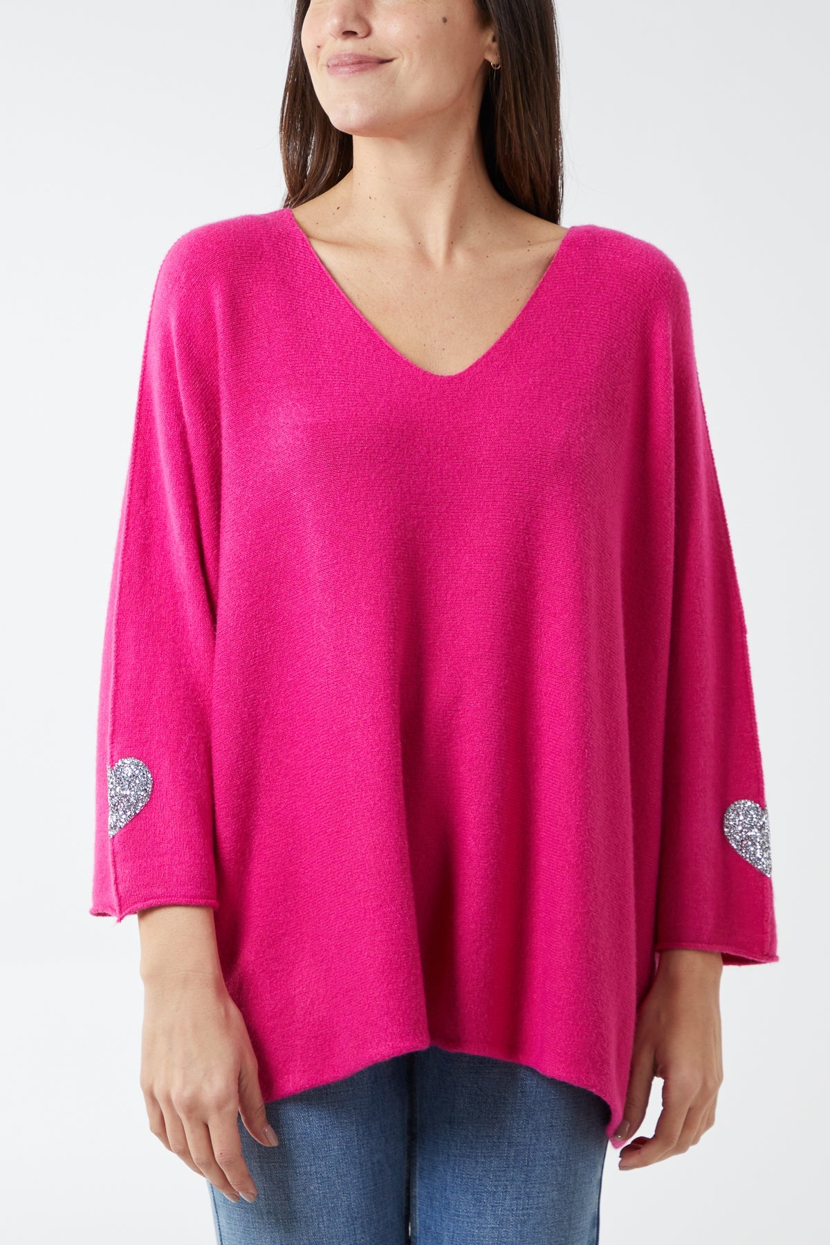 Appliqued Hearts Sleeves V-Neck Jumper JMF1 WearAll Fuchsia One Size