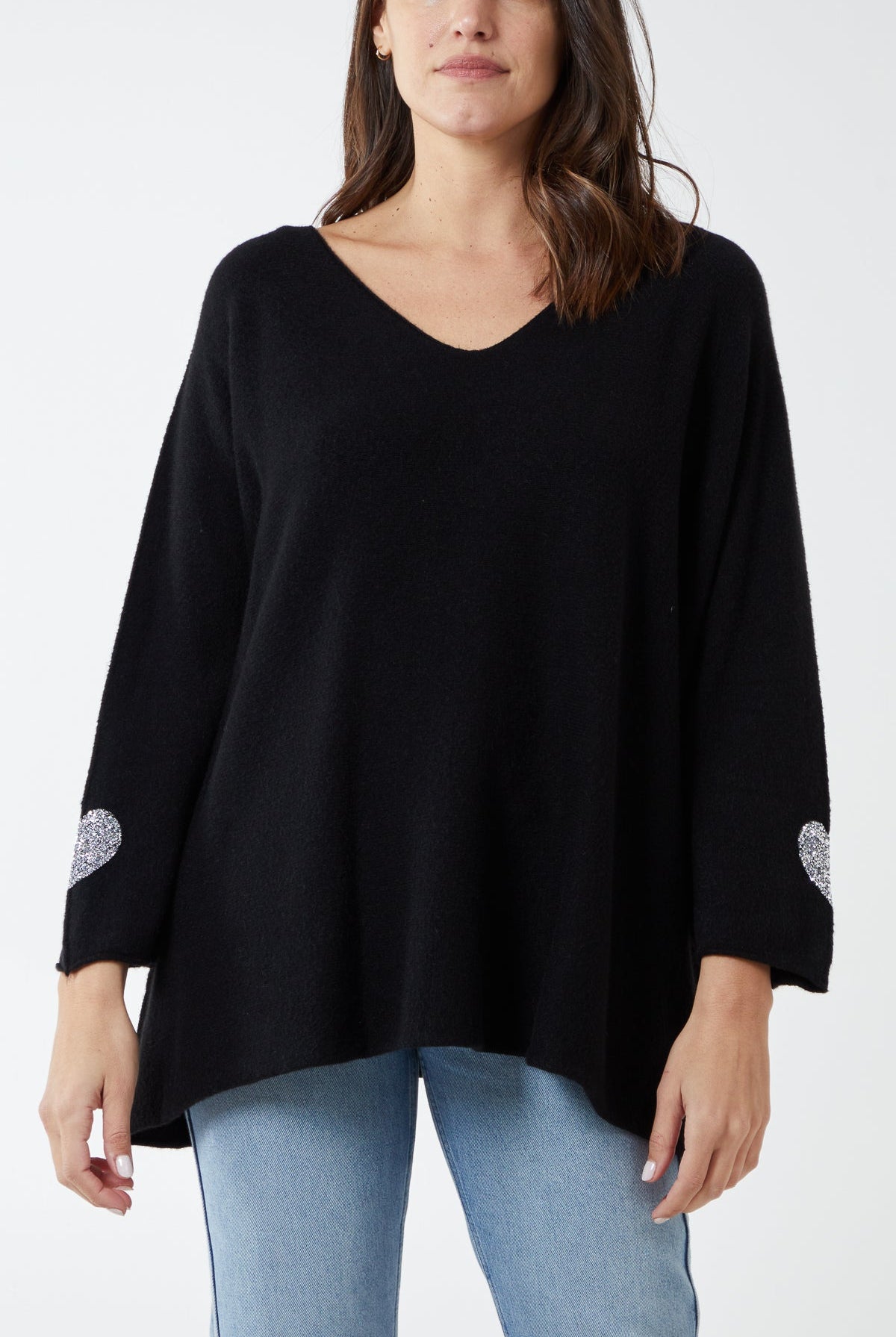 Appliqued Hearts Sleeves V-Neck Jumper JMF1 WearAll Black One Size