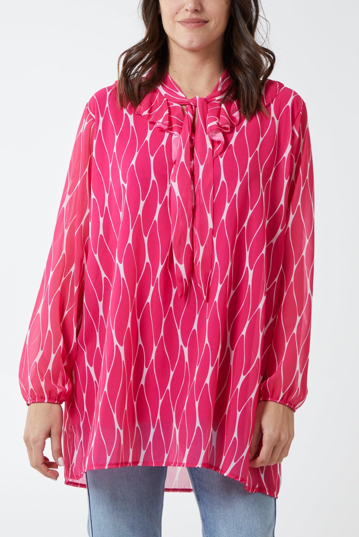 Geometric Print Ruffle Tie Blouse TOPMF2 WearAll Fuchsia One Size