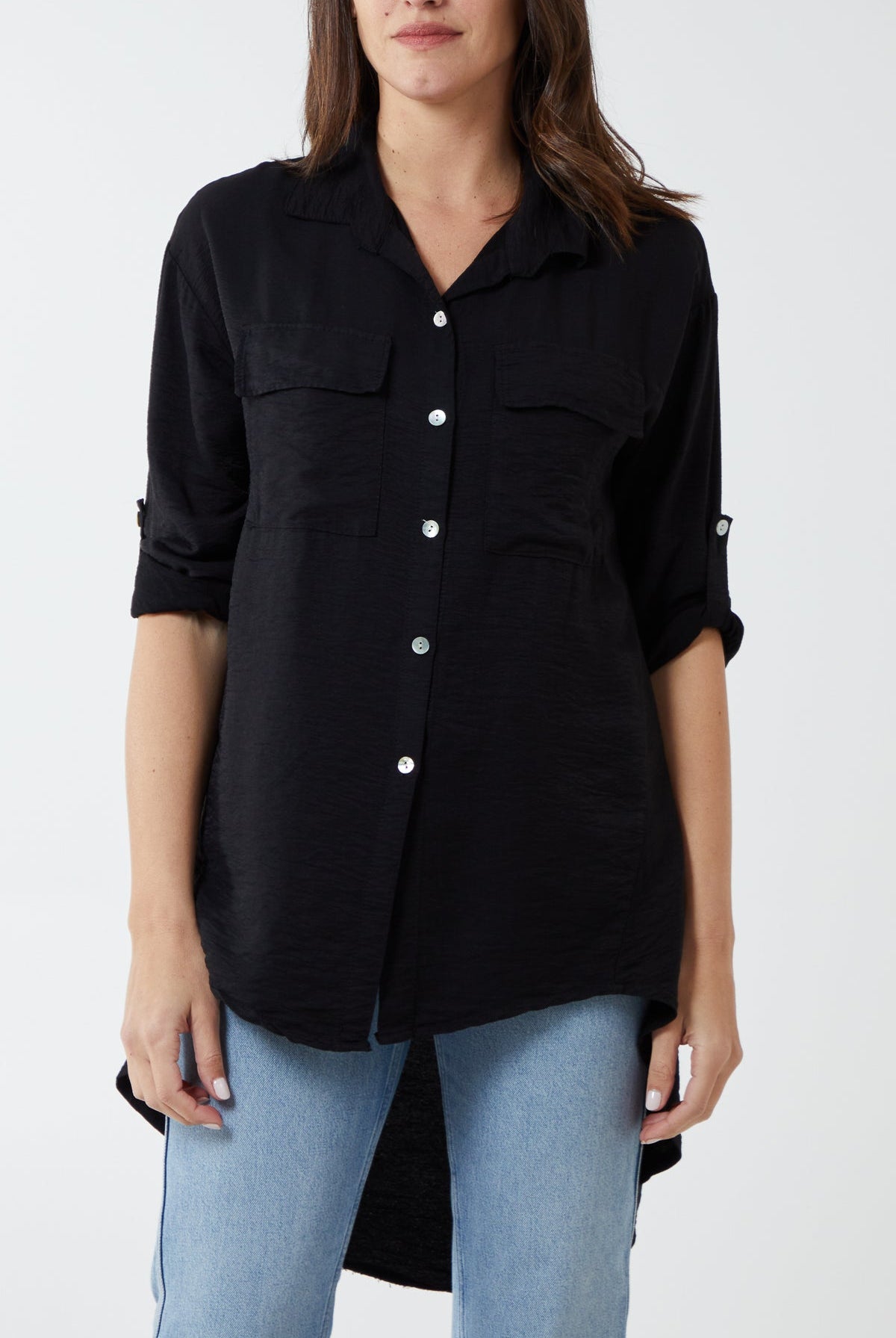 Two Pocket Asymmetric Hem Cotton Shirt TOPMF2 WearAll Black One Size