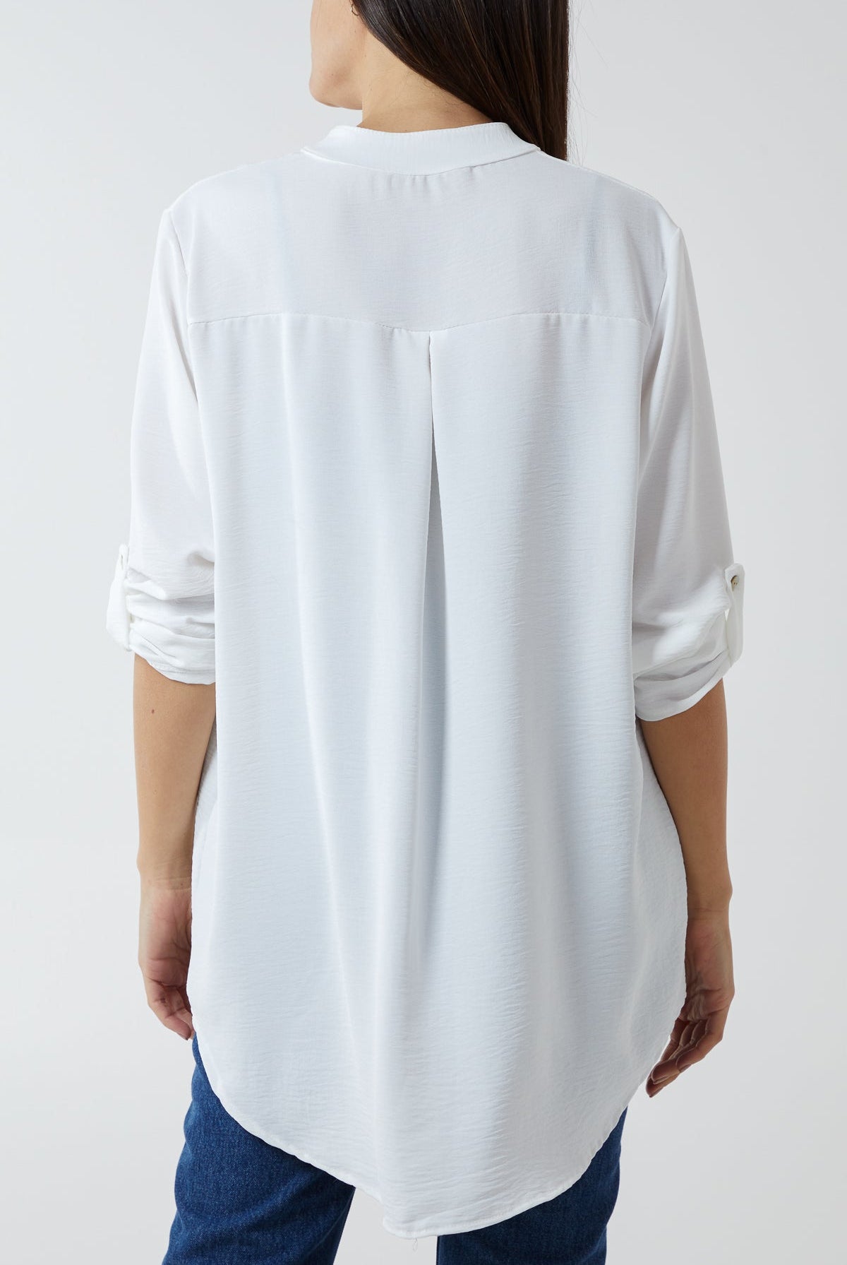 V-Neck Poly Crepe Roll Sleeve Blouse TOPMF2 WearAll