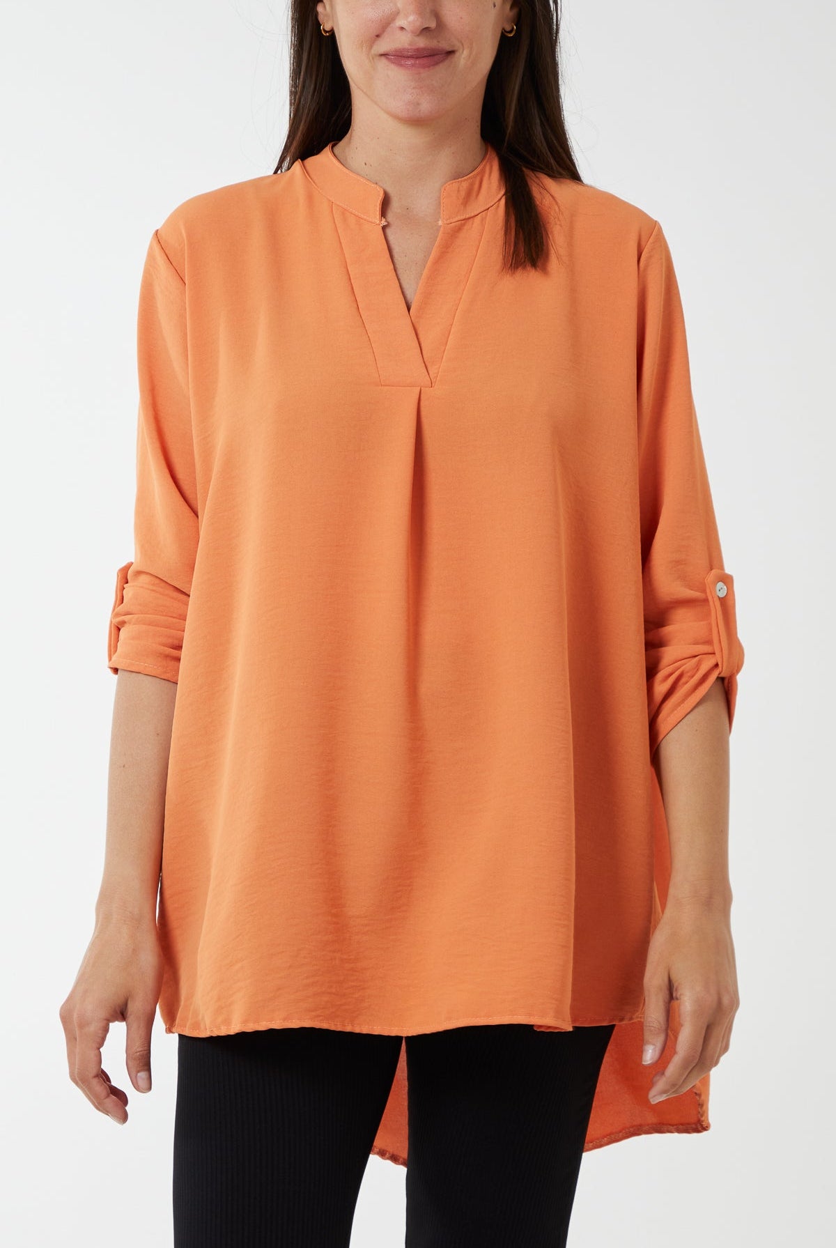 V-Neck Poly Crepe Roll Sleeve Blouse TOPMF2 WearAll Orange One Size