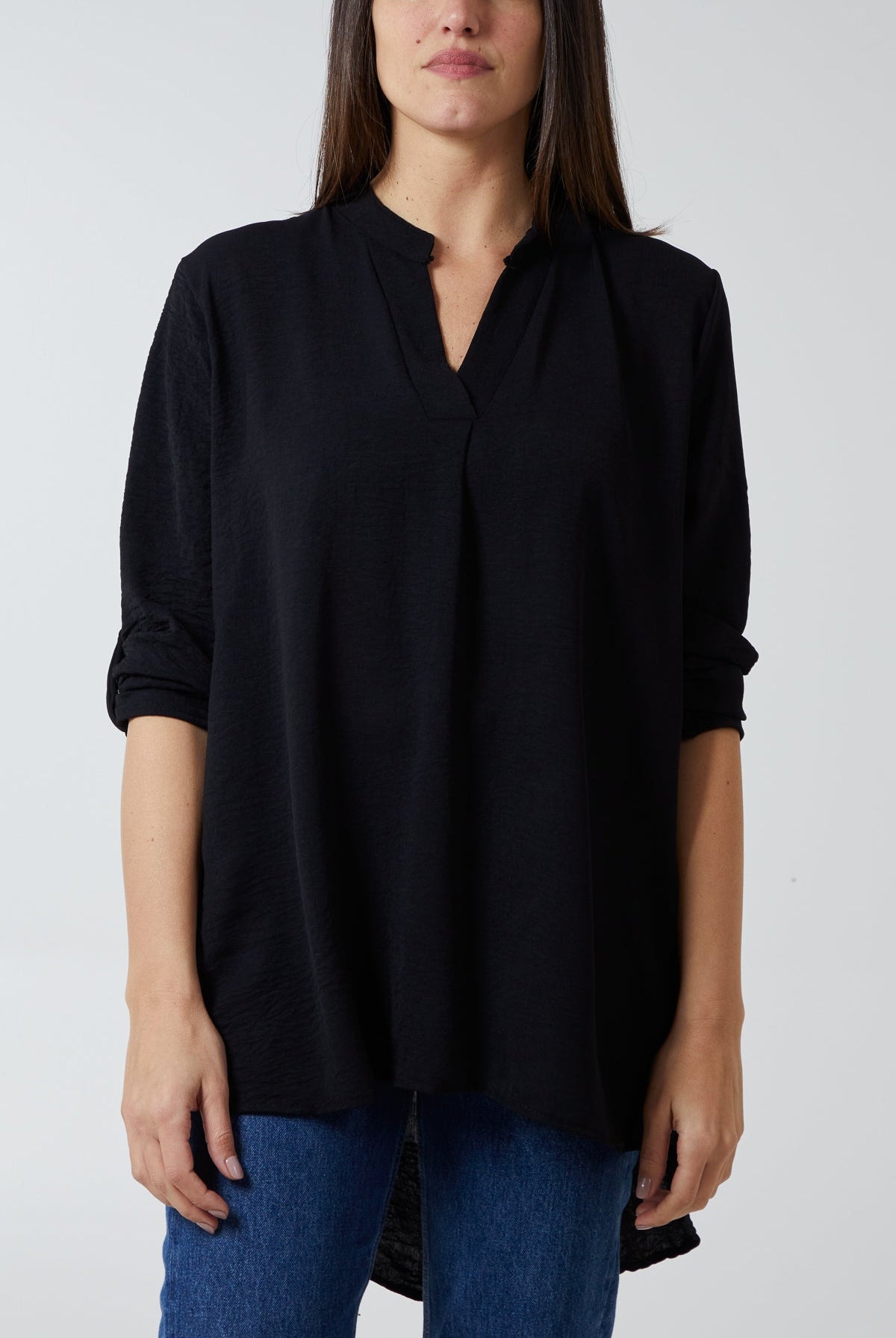 V-Neck Poly Crepe Roll Sleeve Blouse TOPMF2 WearAll Black One Size