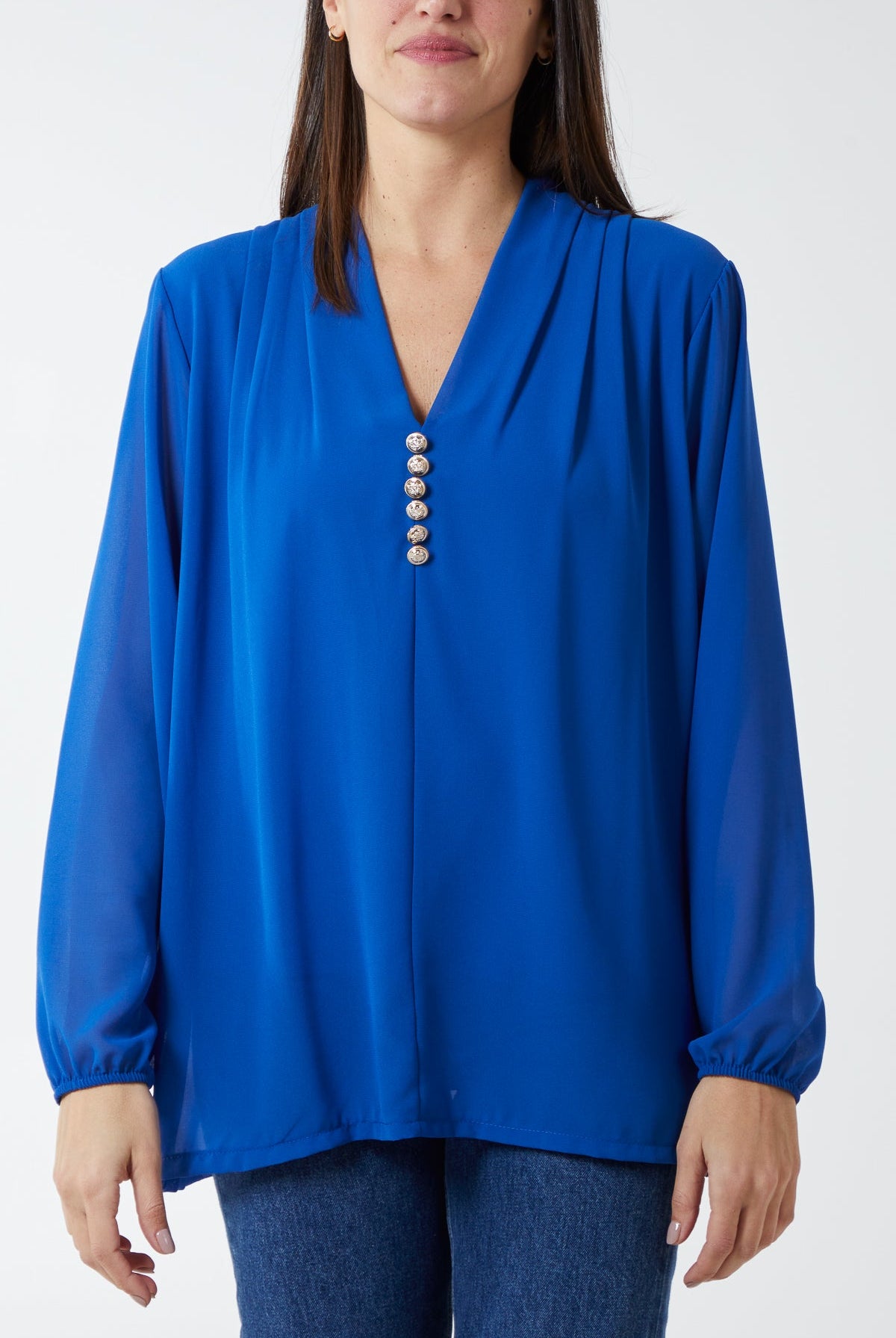 Gold Button Detail Blouse TOPMF2 WearAll Royal Blue