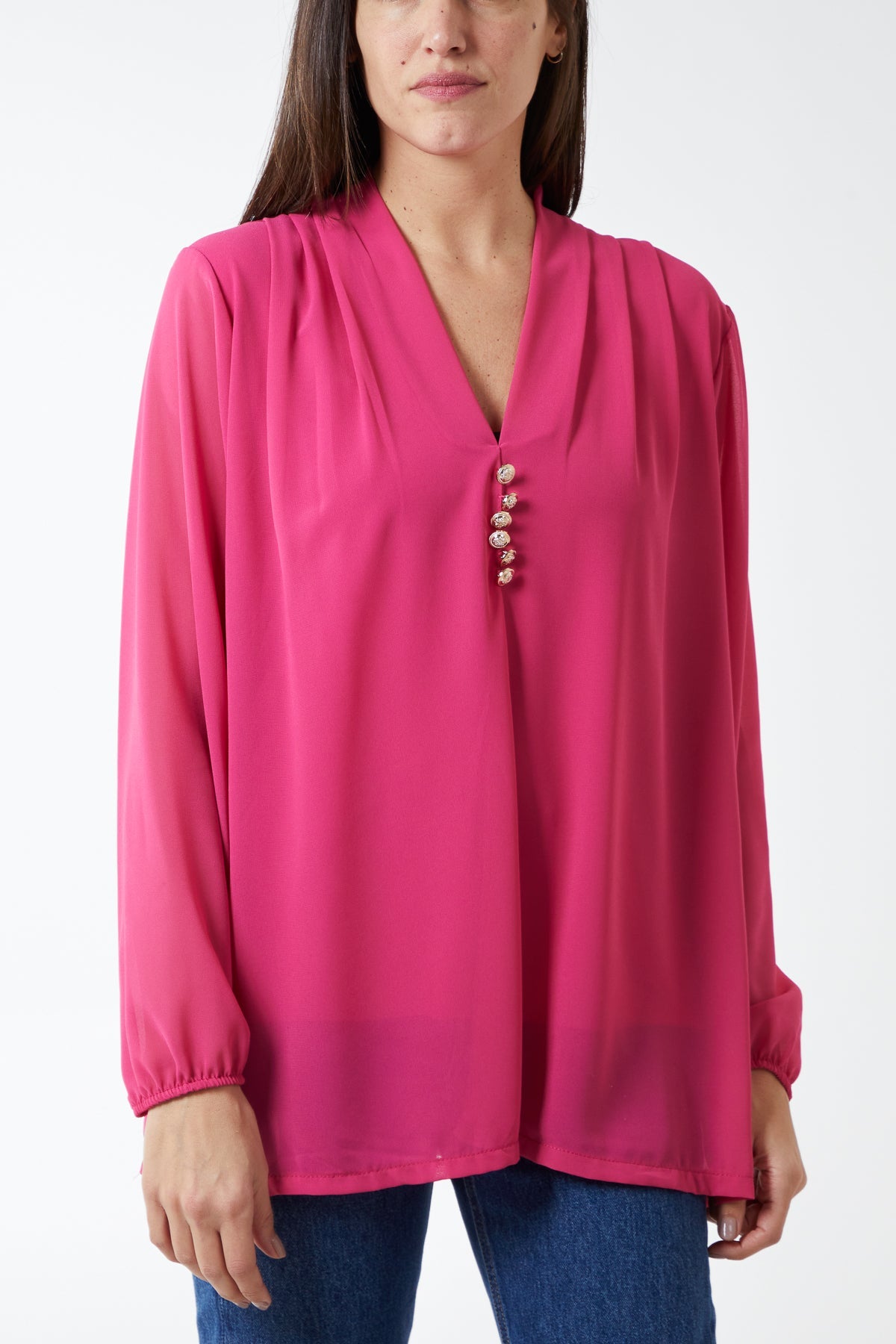 Gold Button Detail Blouse TOPMF2 WearAll Hot Pink
