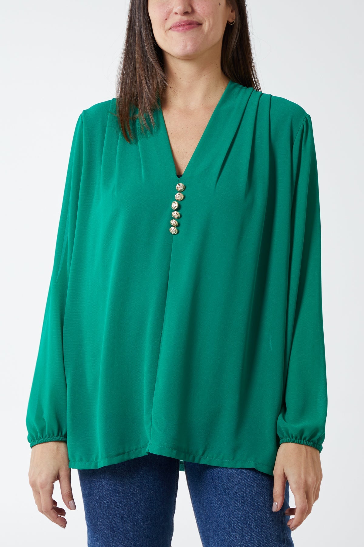 Gold Button Detail Blouse TOPMF2 WearAll Emerald