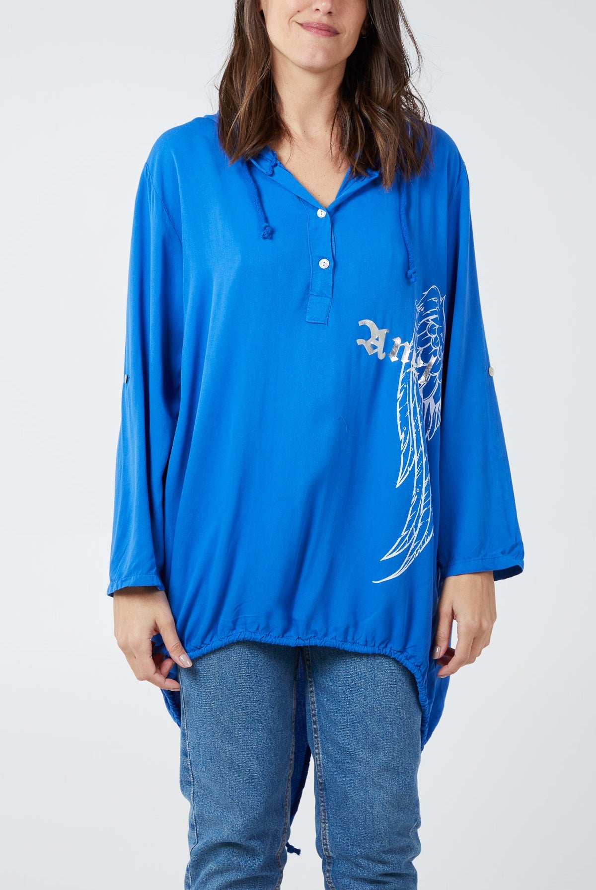 "Angel" Wings Dip Hem Hooded Shirt TOPMF2 WearAll Royal Blue One Size