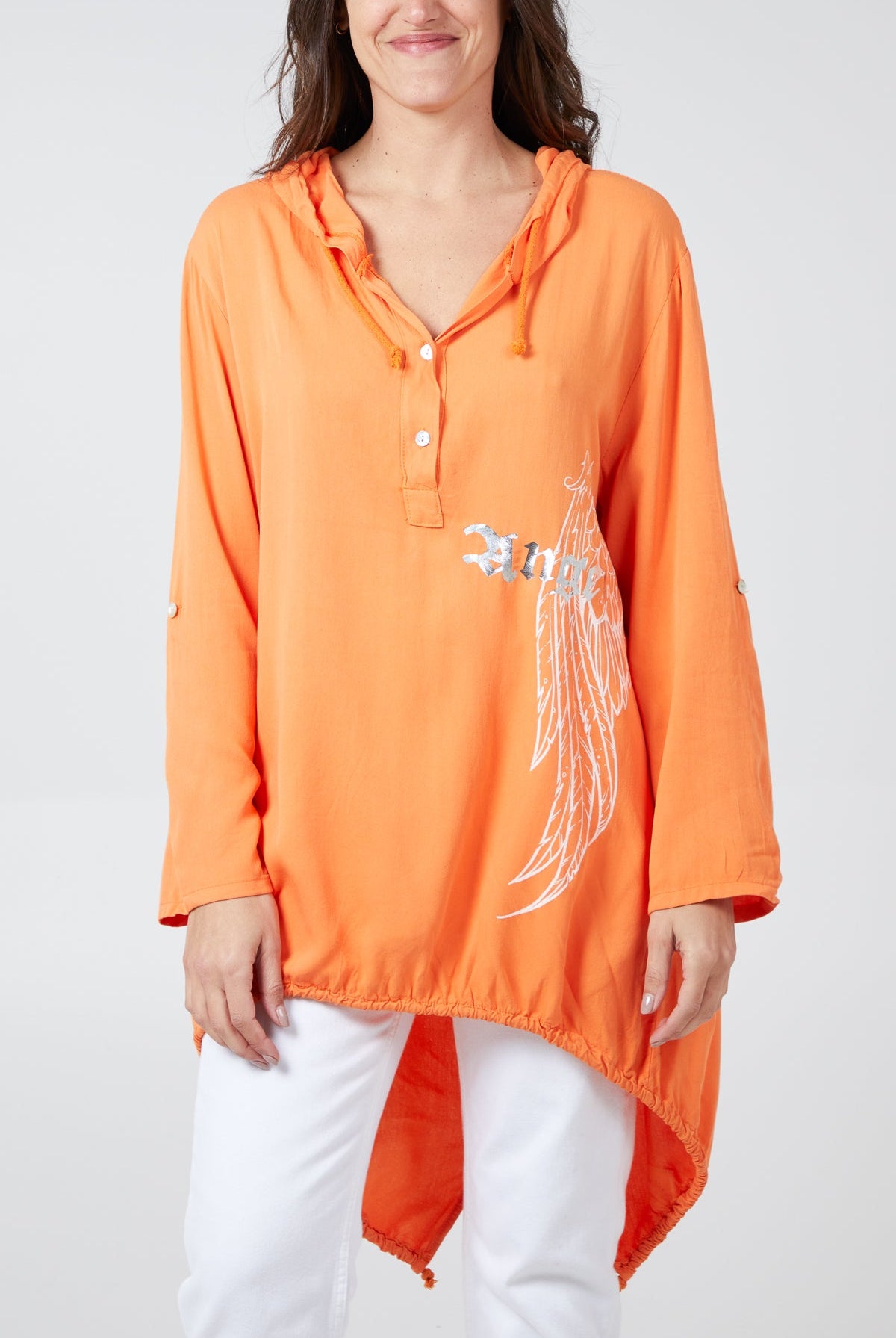 "Angel" Wings Dip Hem Hooded Shirt TOPMF2 WearAll Orange One Size
