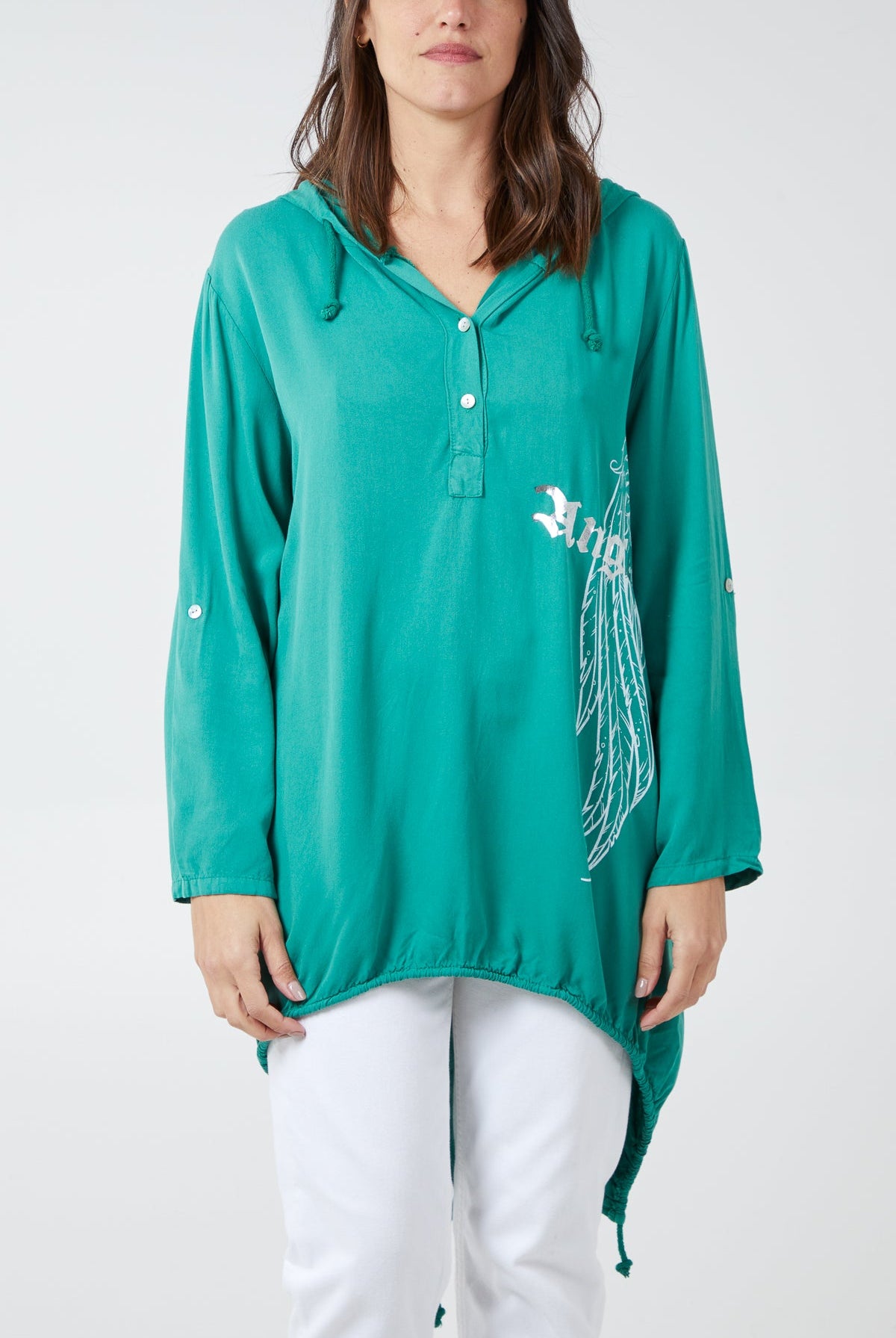 "Angel" Wings Dip Hem Hooded Shirt TOPMF2 WearAll Jade One Size