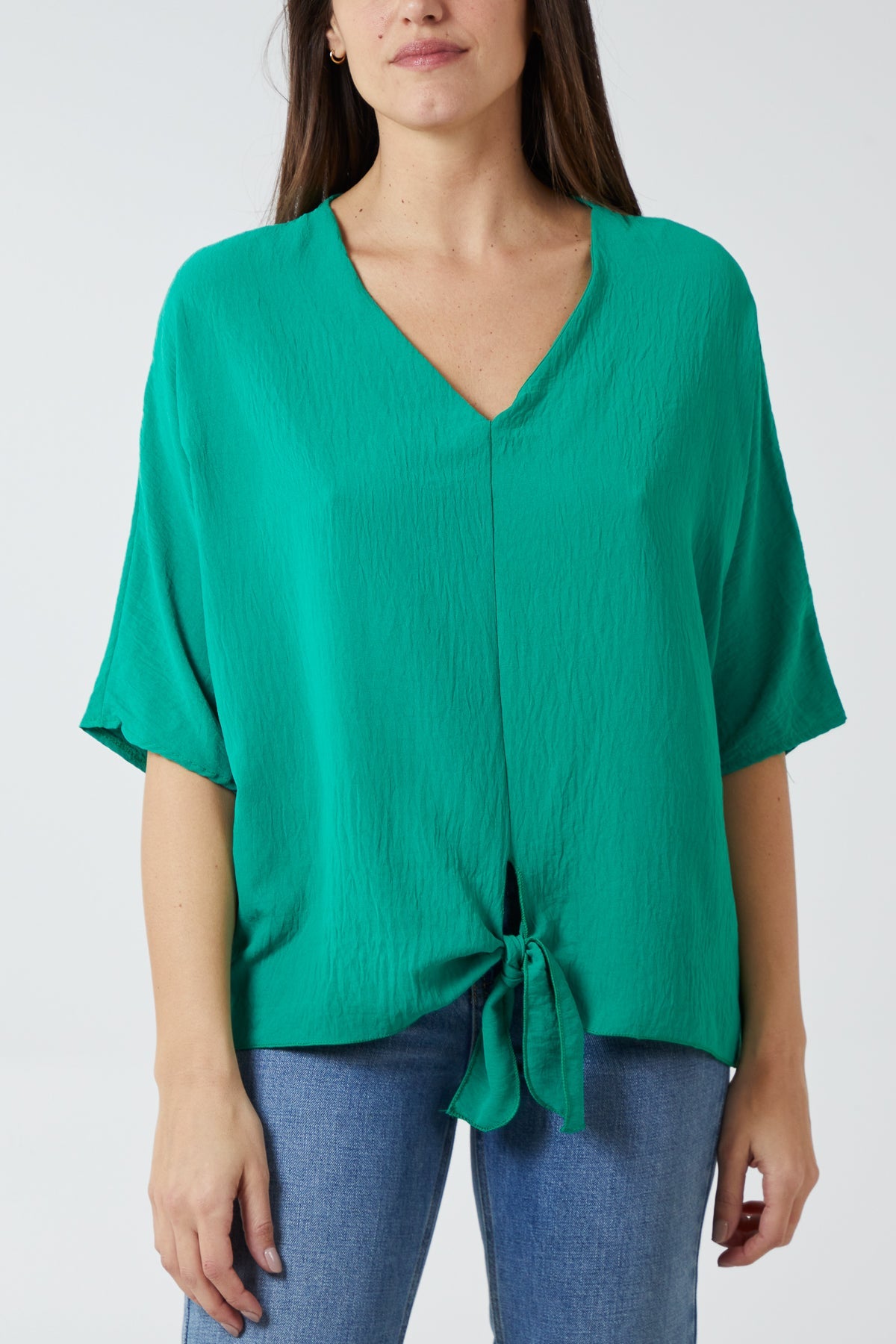 V-Neck Centre Front Tie Hem Blouse TOPMF2 WearAll Jade One Size