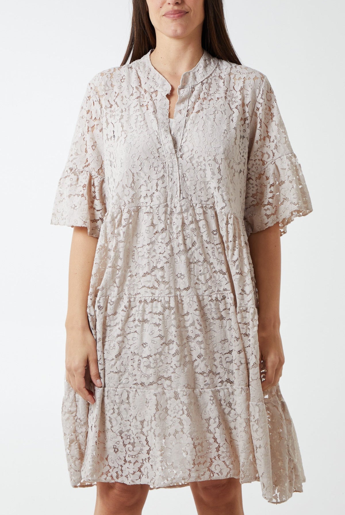 Angel Sleeve Tiered Lace Dress DMF2 WearAll Stone One Size