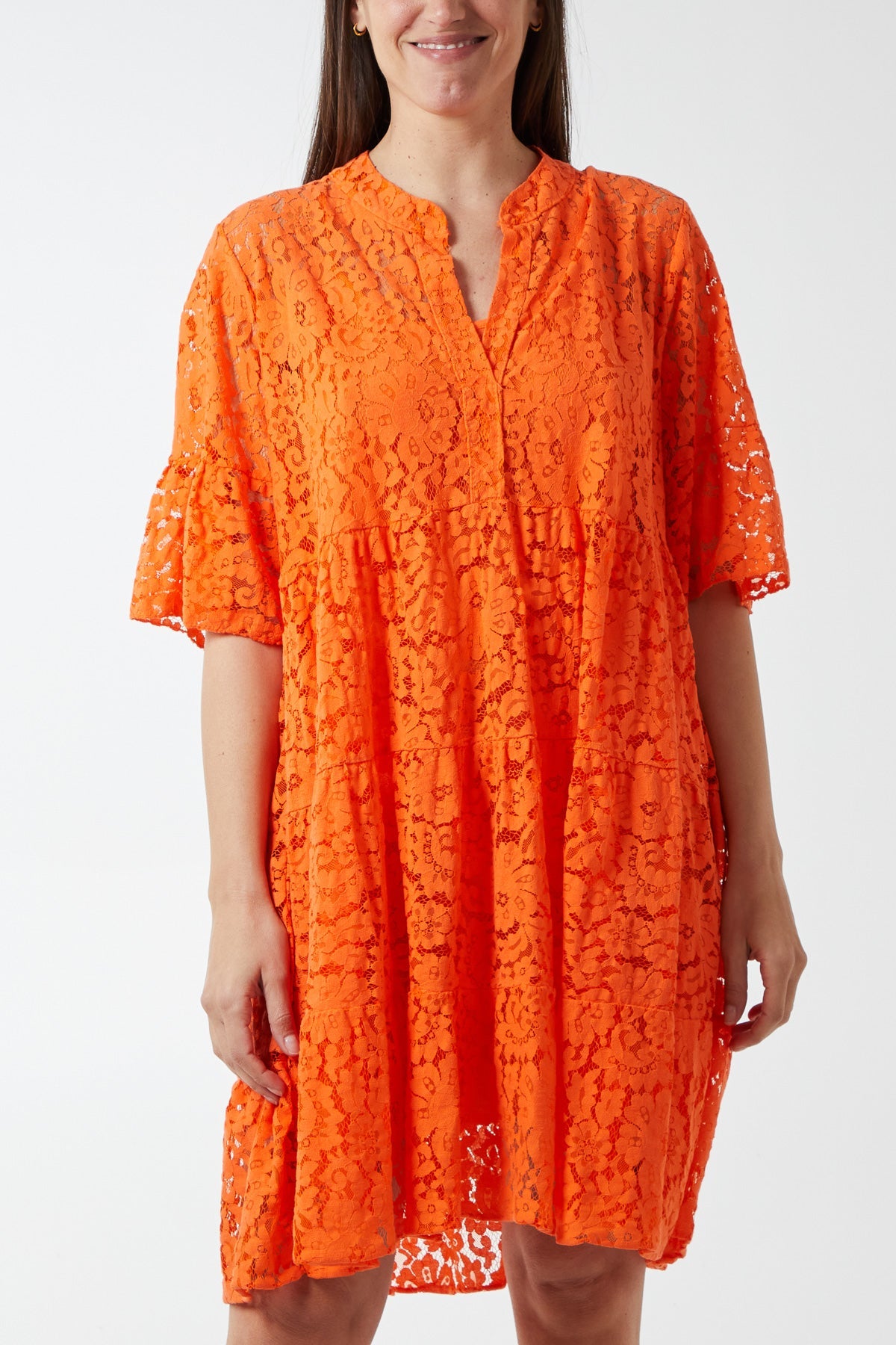 Angel Sleeve Tiered Lace Dress DMF2 WearAll Orange One Size