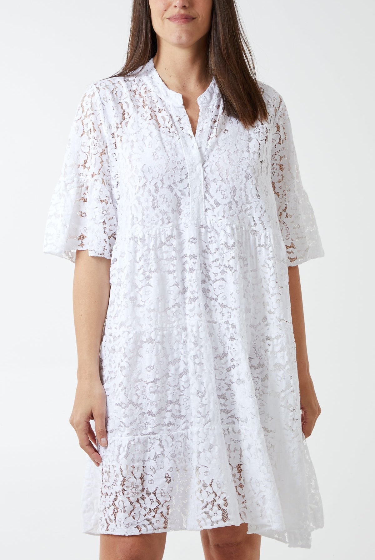 Angel Sleeve Tiered Lace Dress DMF2 WearAll White One Size