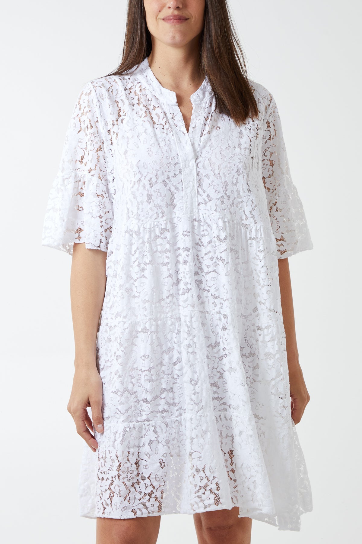 Angel Sleeve Tiered Lace Dress DMF2 WearAll White One Size